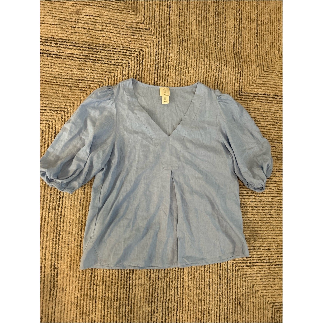 Joie Light Blue V-Neck Puff Sleeve Top Size Large Linen Blend