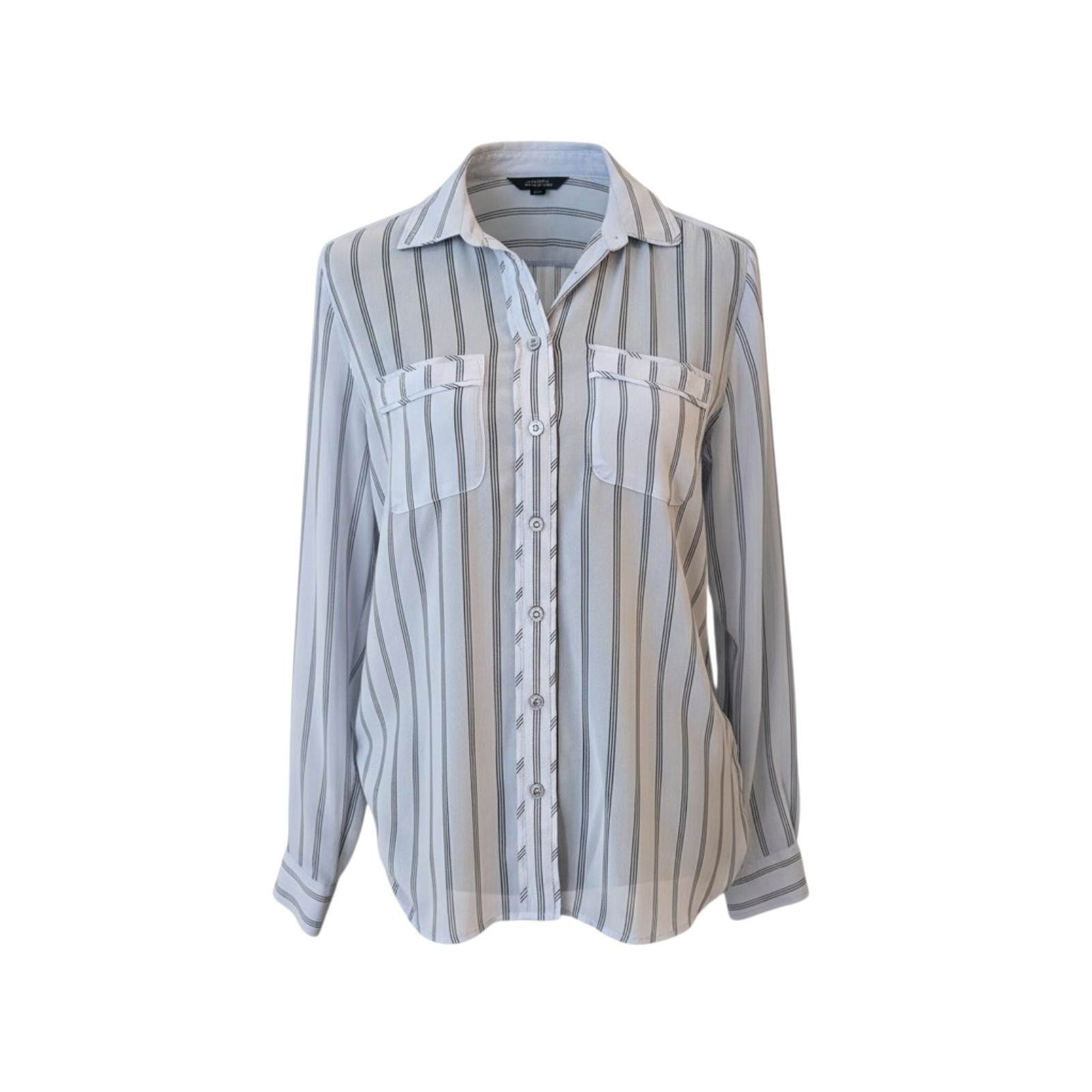 Ann Taylor LOFT Small Sheer Striped Button Down Blouse Powder Blue Black Pockets
