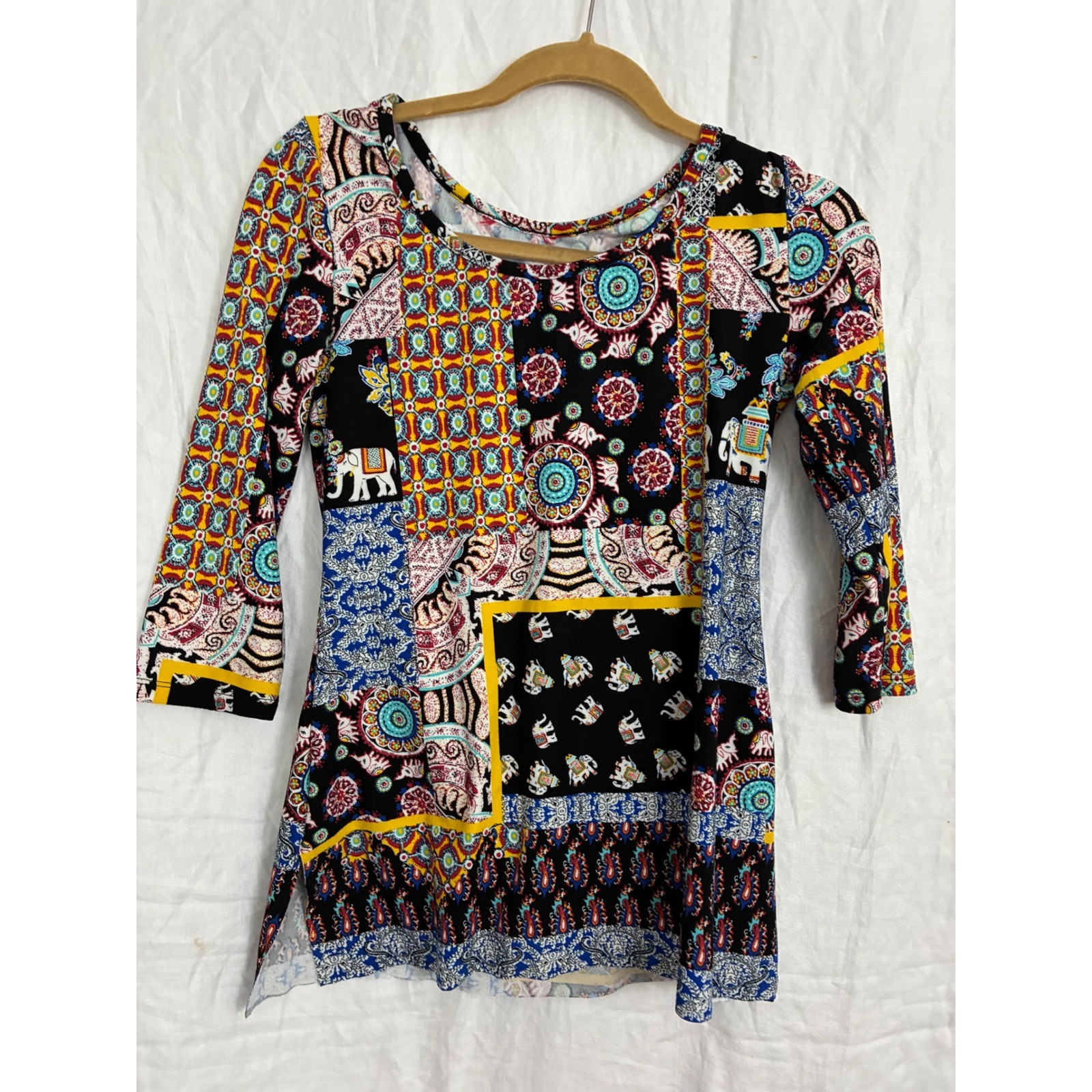 Patchwork Elephant Tunic Women S Multi Color Boho 3/4 Sleeve Paisley