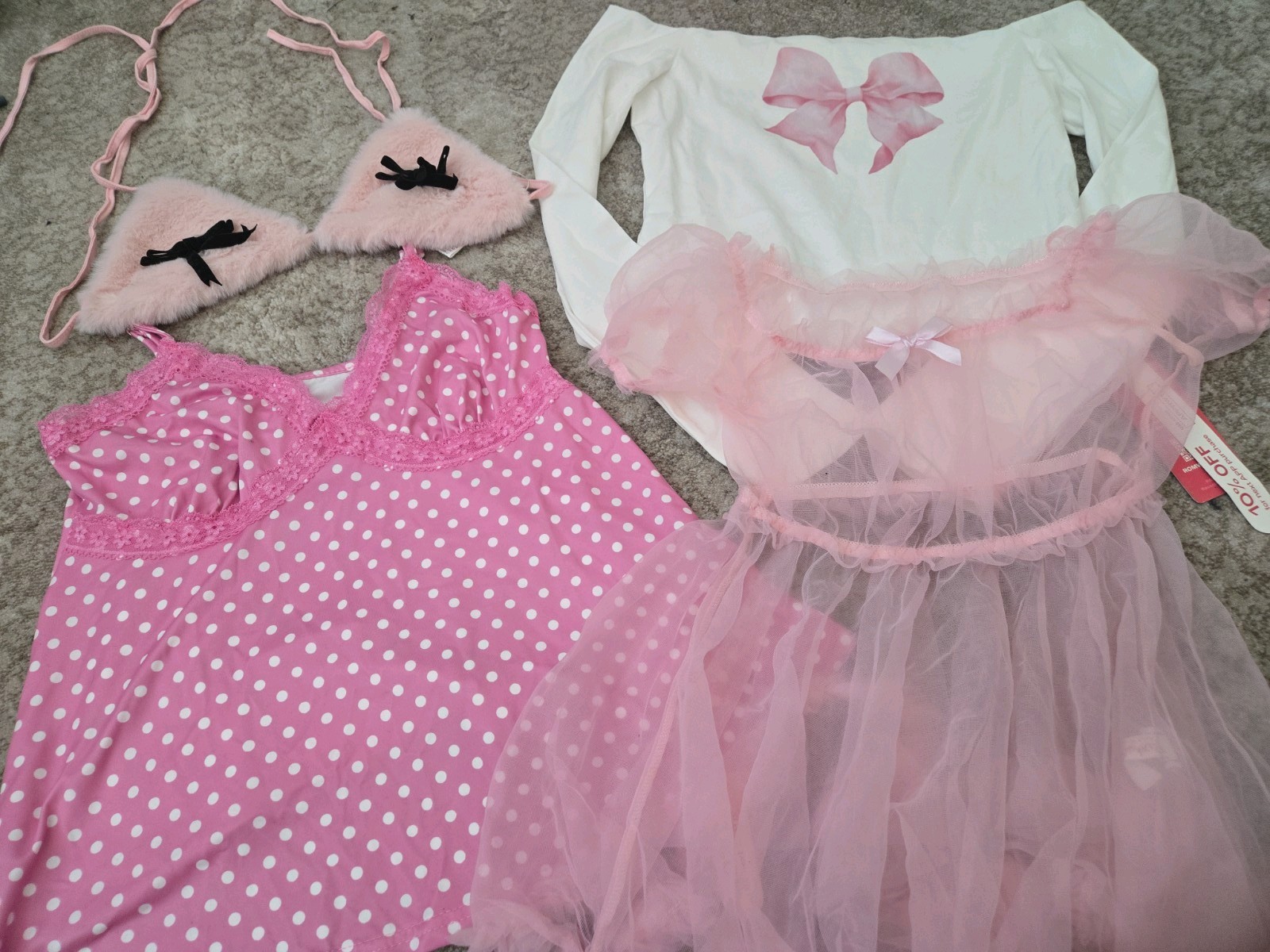 4 Pc Lot Kawaii Cute Sweet Bow Ruffle Fur Pink Cami Tank Tops Sheer Y2K XS/SM