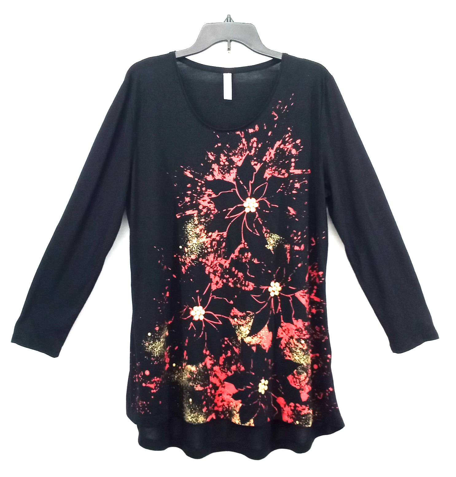 M & C Sportswear Shirt Women Size 2XL Black Red Floral Long Sleeve Scoop Neck