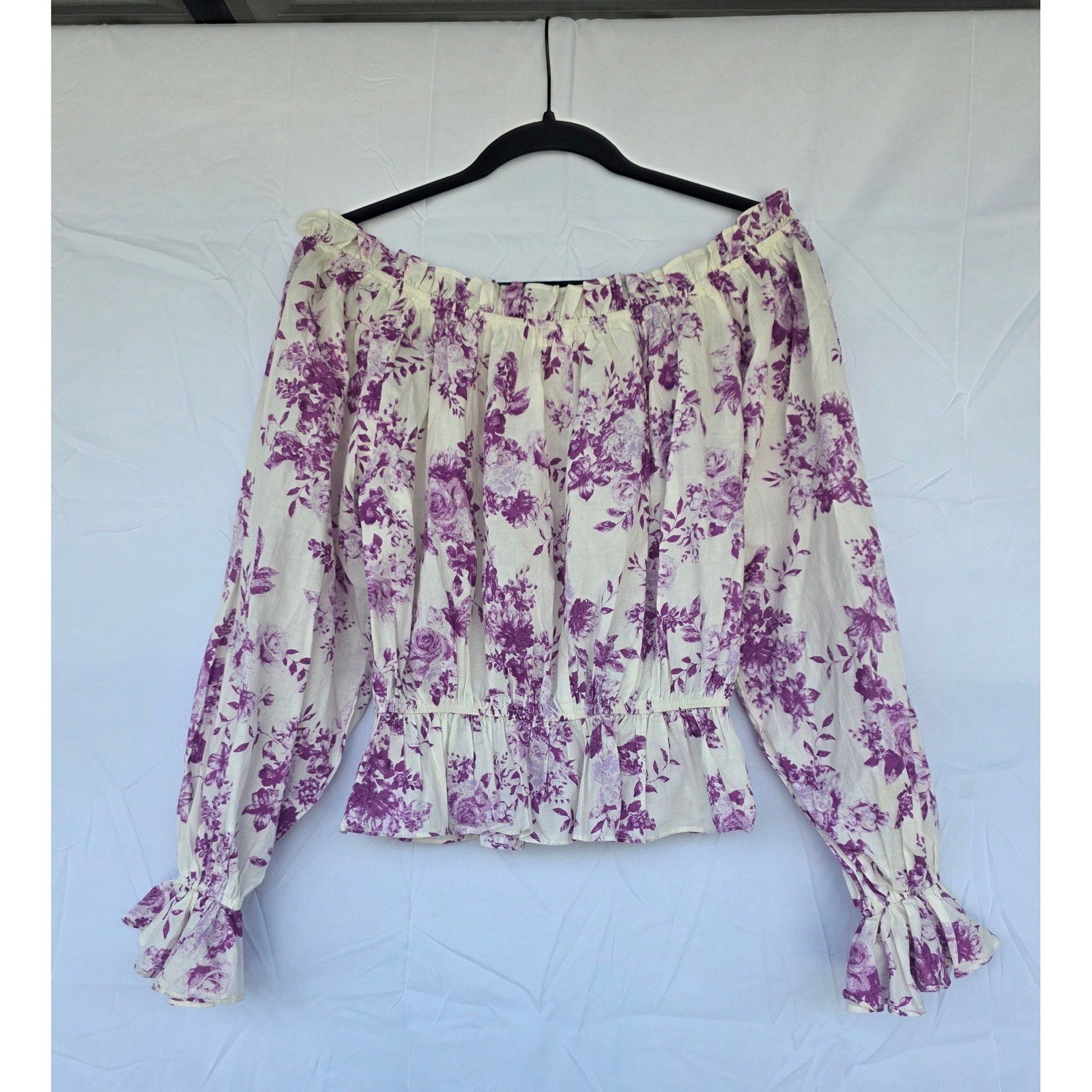 Flying Tomato Purple Floral Off The Shoulder Smocked Peplum Blouse Cotton Medium