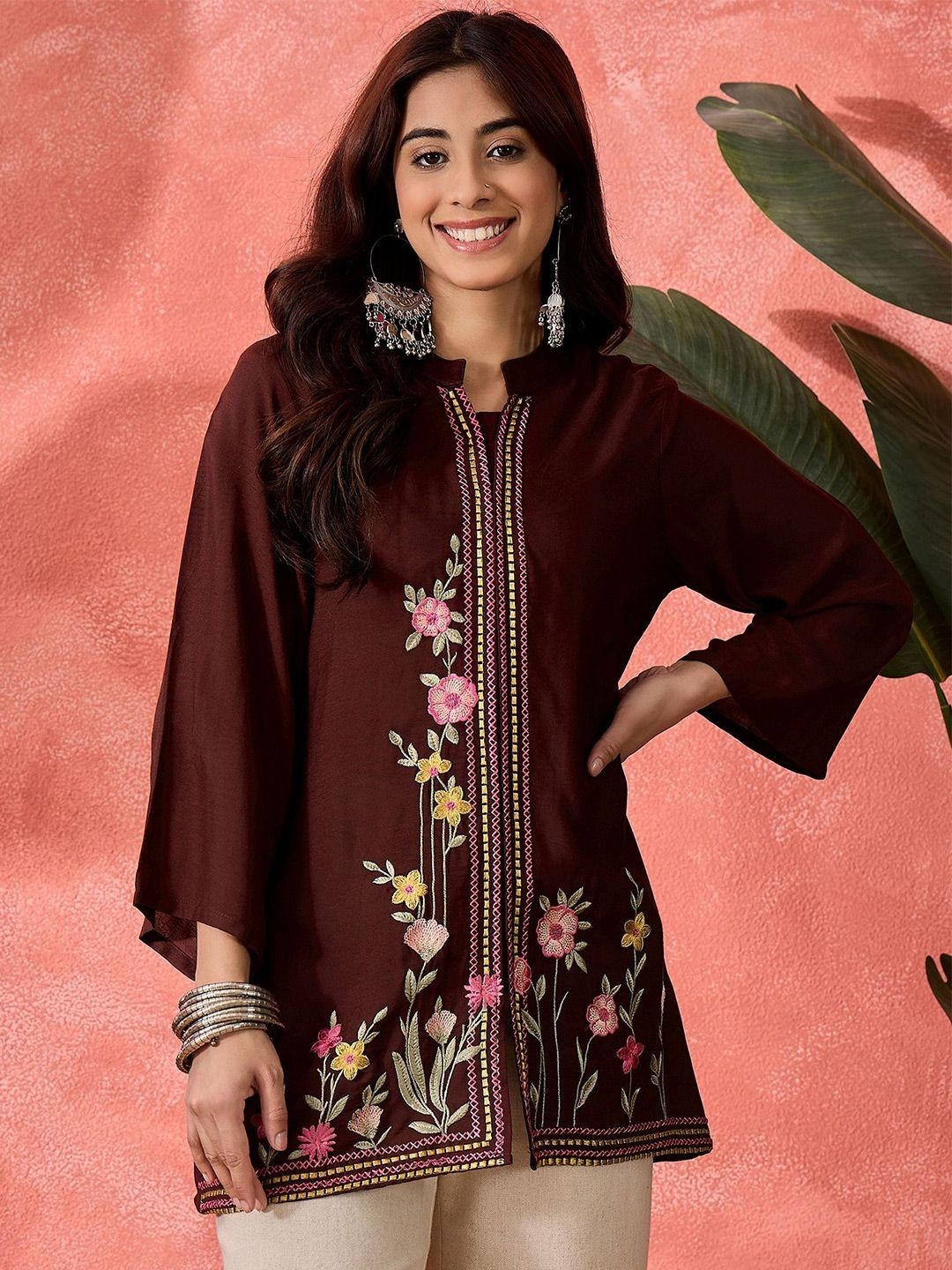 Black Floral Embroidered Kurti Women Ethnic Long Tunic Casual Party Top