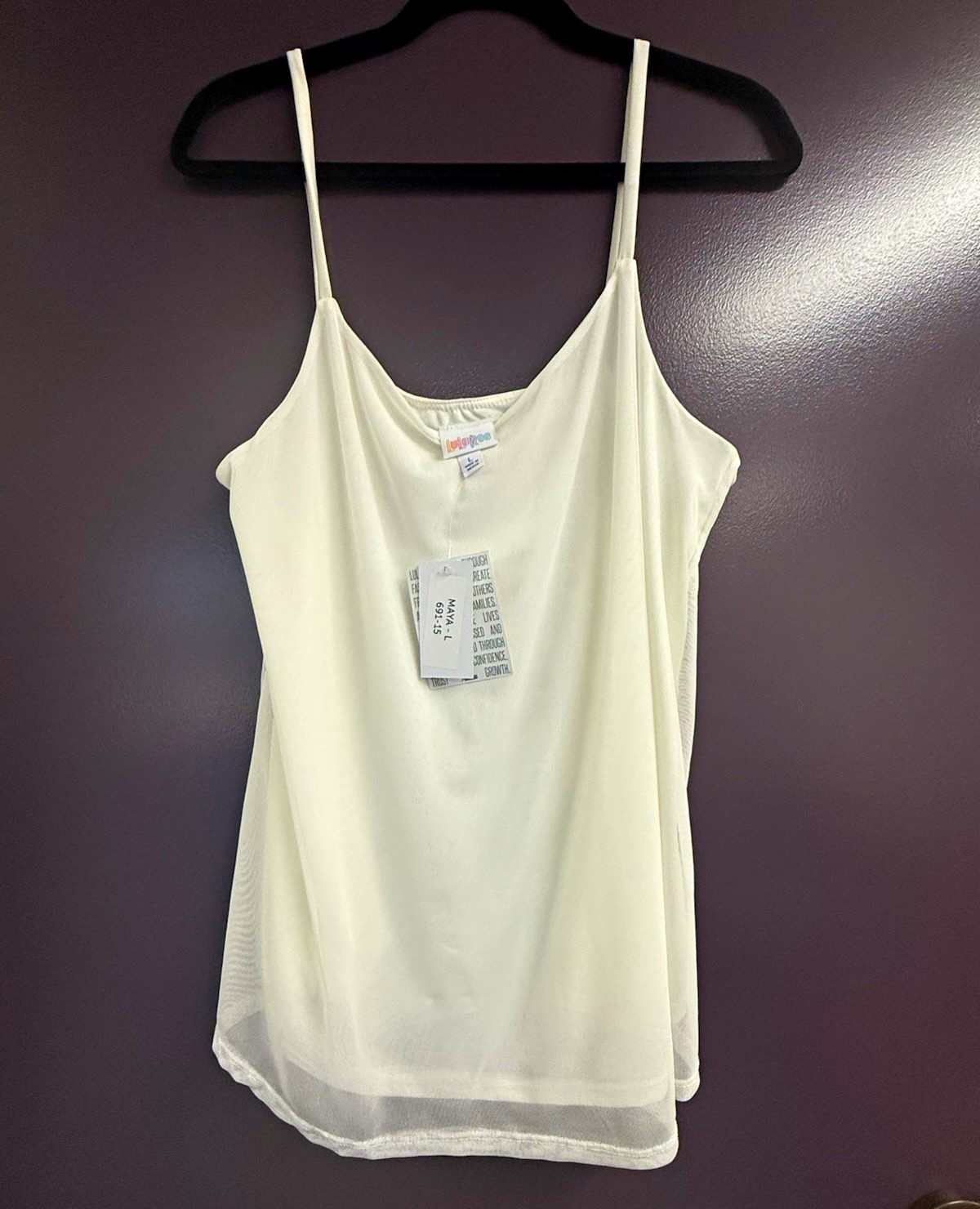 LuLaRoe Maya White Sheer Mesh Spaghetti Strap Scoop Neck Tank Top L
