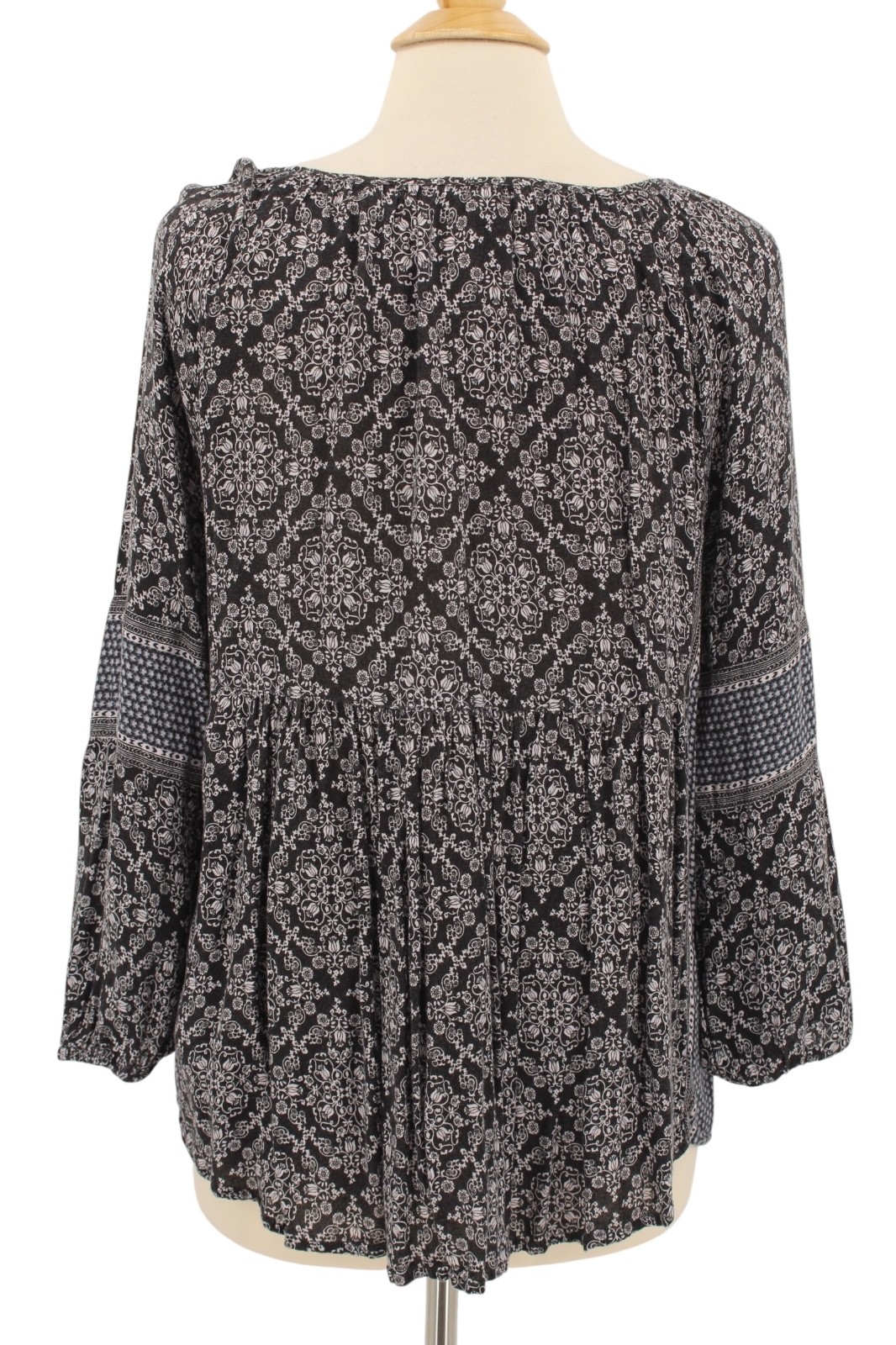 American Eagle Peasant Blouse Medium Black Floral Lace-up Bohemian Hippie