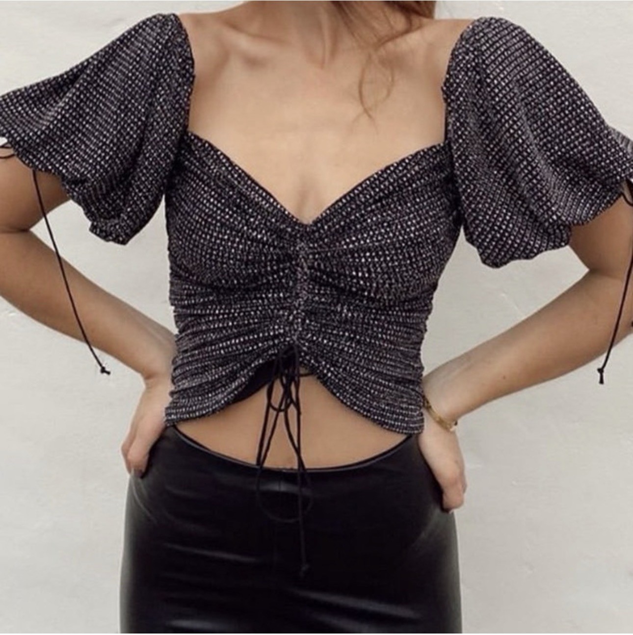 For Love & Lemons Ava Ruched Glitter Puff Sleeve Top Blouse – Size S