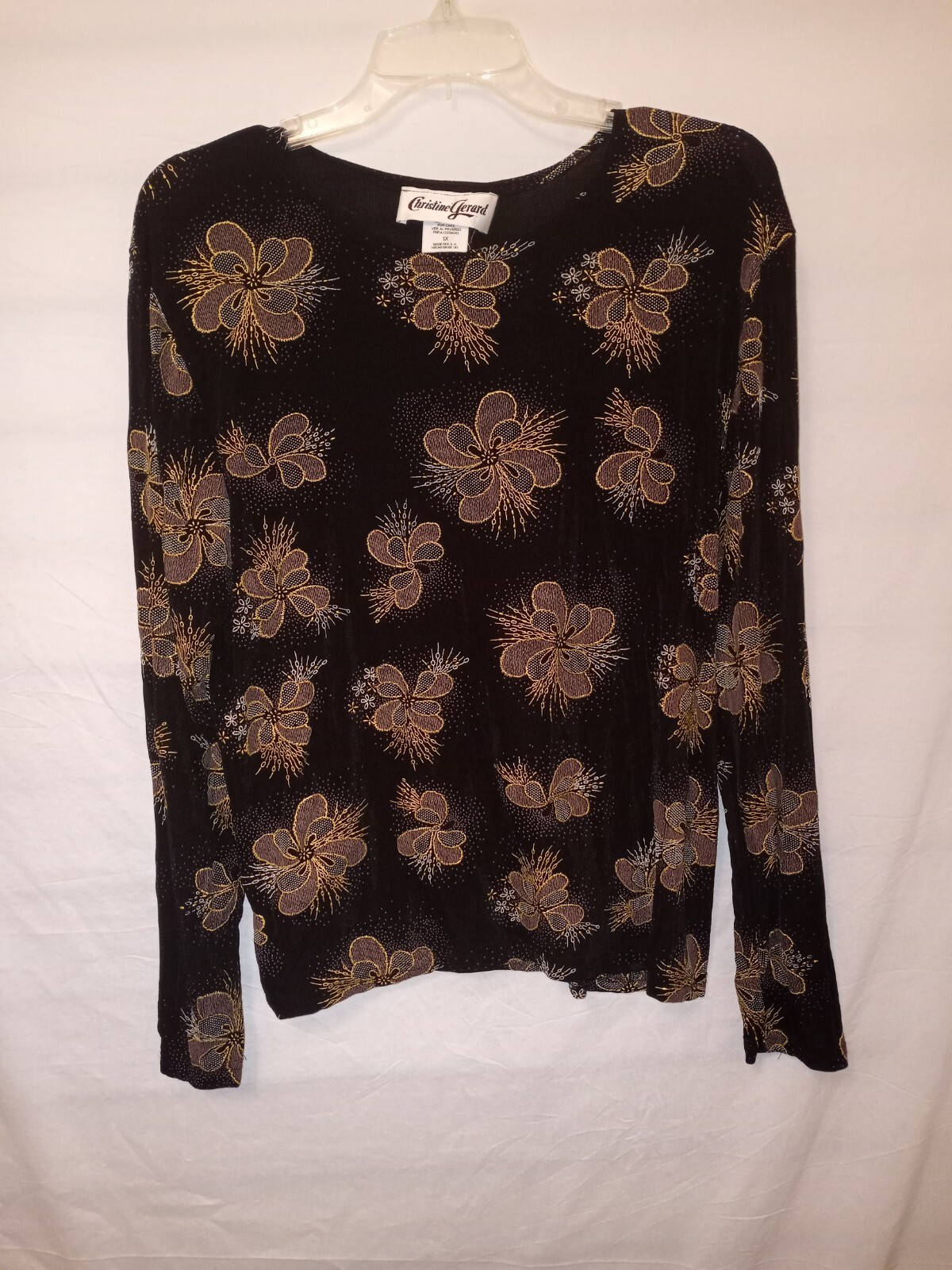 Christine Gerard 1X Top Black Gold Floral Embossed Longsleeve Stretch