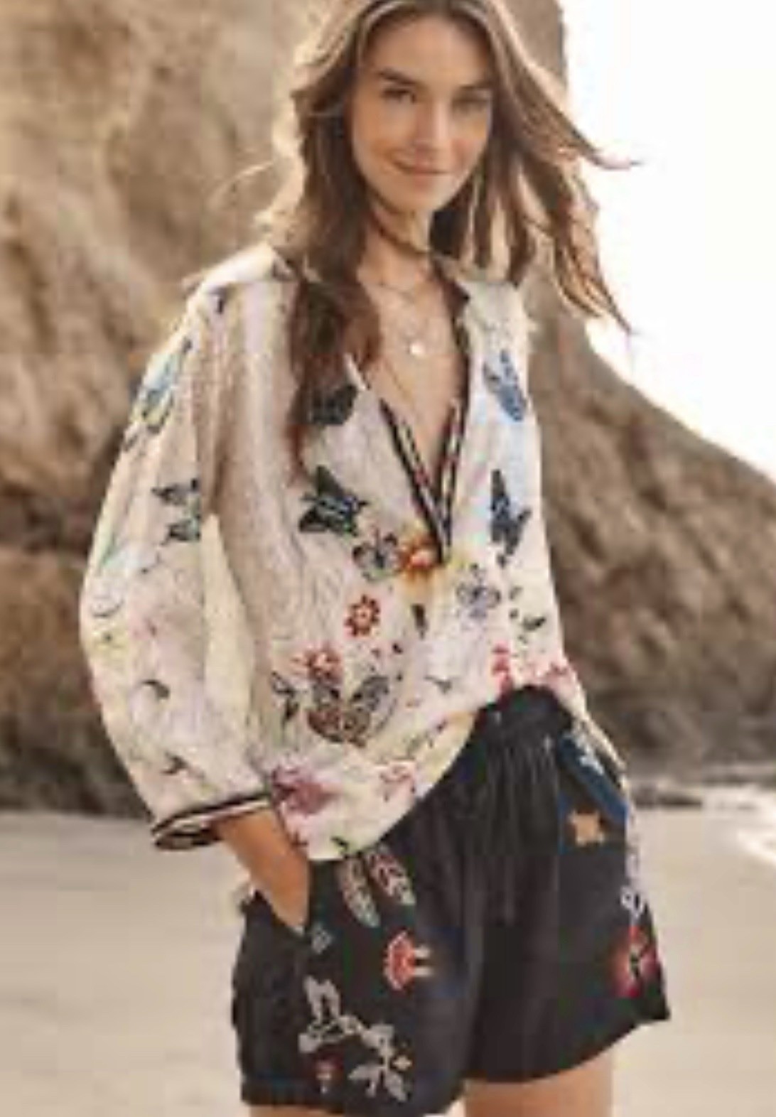 Johnny Was Kendra Emb Butterfly L/S Silk Tunic WM XS Multi Quiet Luxury Old Mine