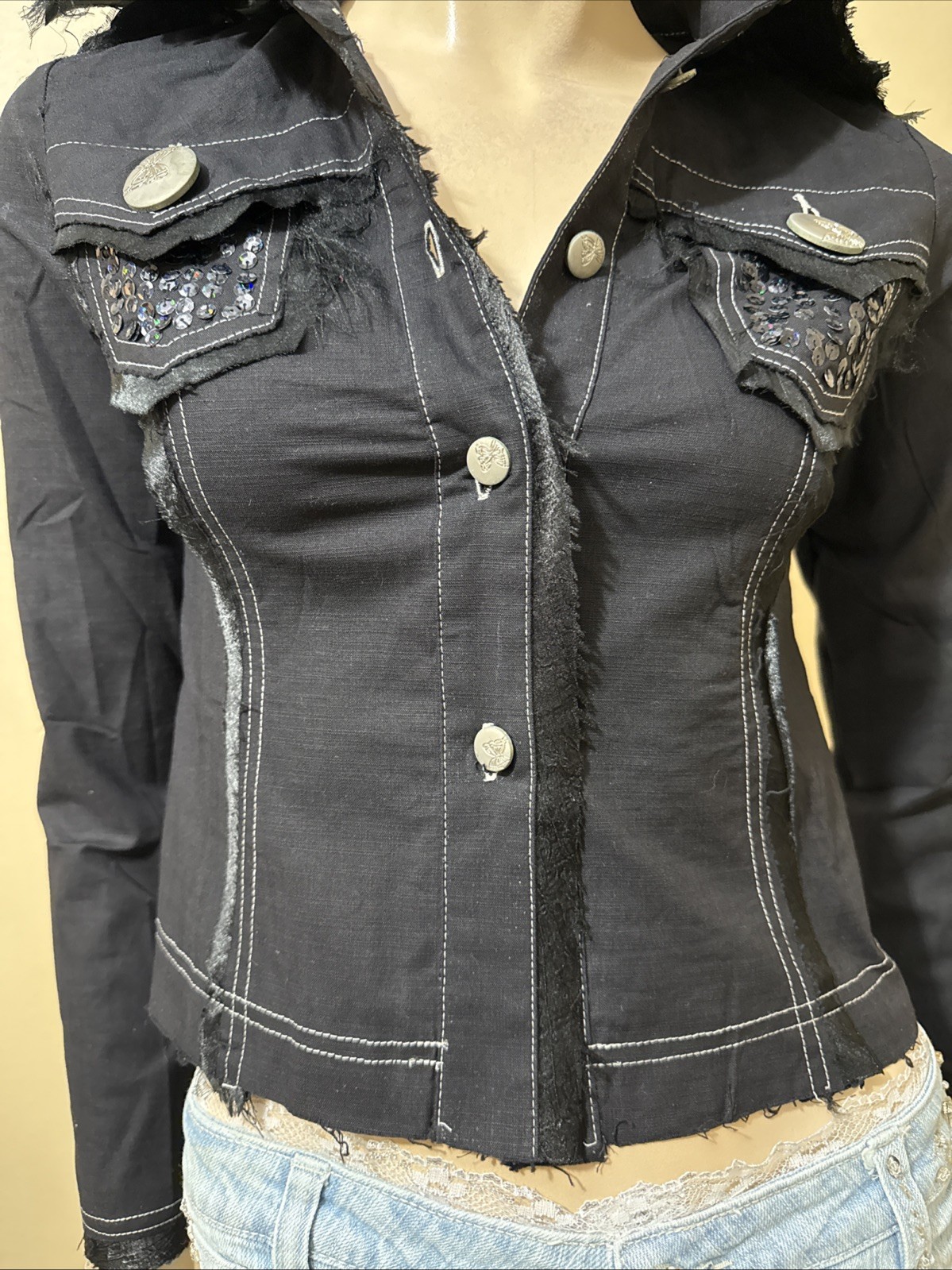 Women’s Black Rayon Casual Stretch Slim Beads Collar Size L Button-up Blouse Top