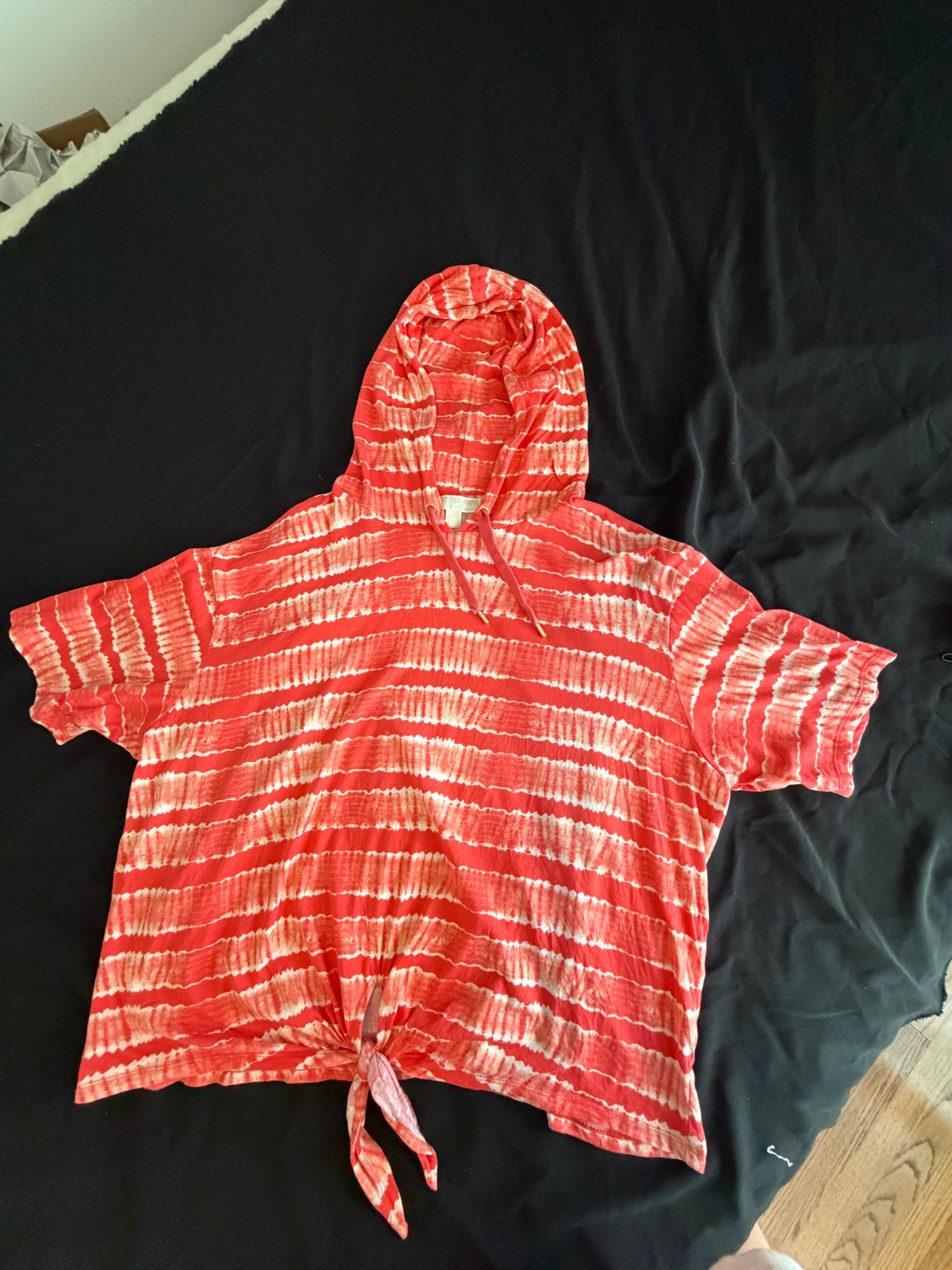 Michael Kors Tie Dye Striped Short Sleeve Hoodie Front Tie Top Orange Coral XL