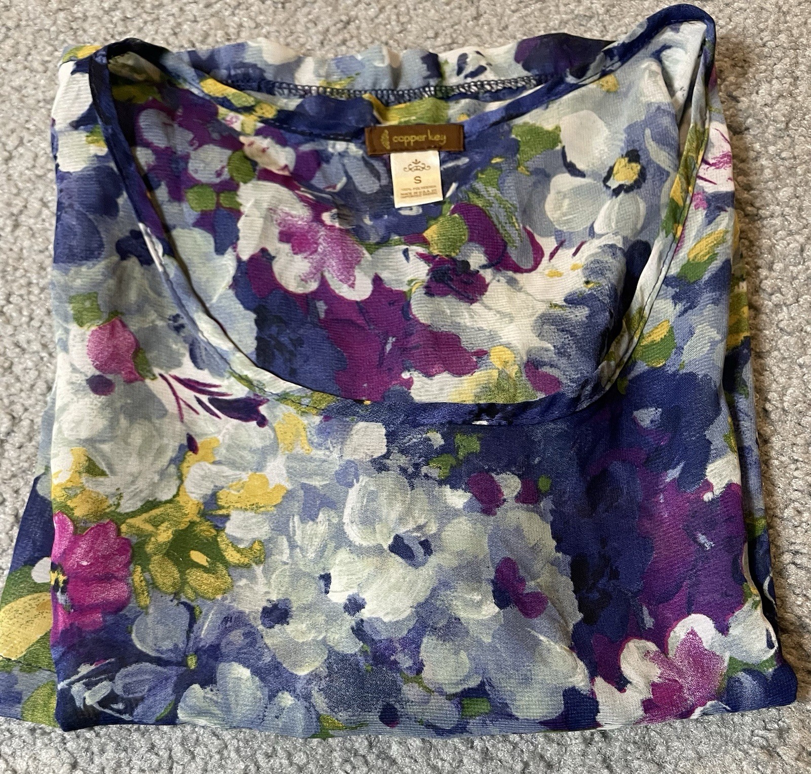Copper Key Floral Blouse Sz S Blue Pink Butterfly Sleeve USA Made Boho Beach