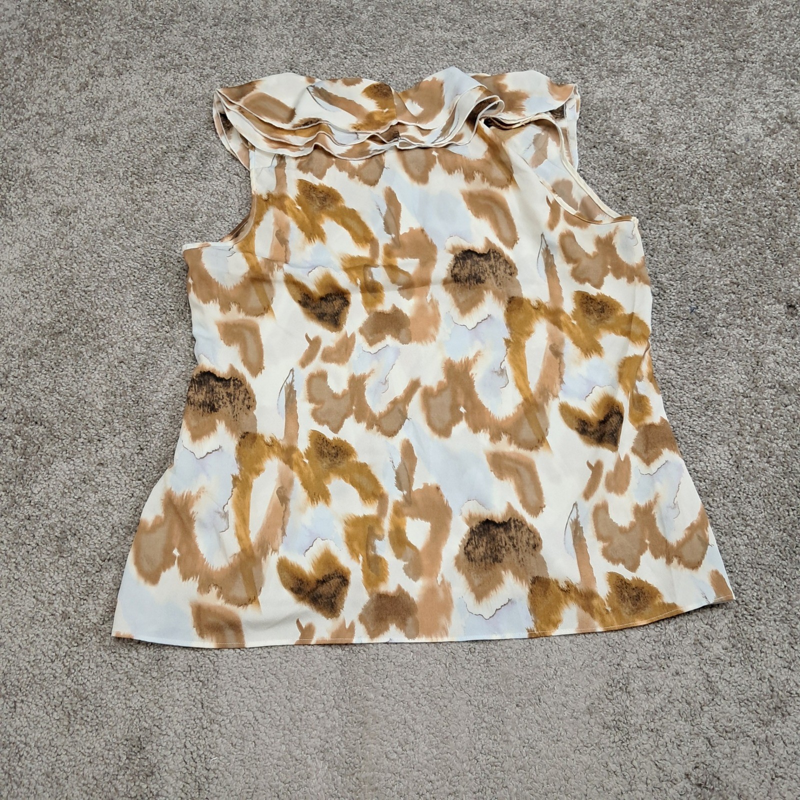 Milano Womens XL Abstract Watercolor Ruffle Neck Sleeveless Blouse Tan 7206