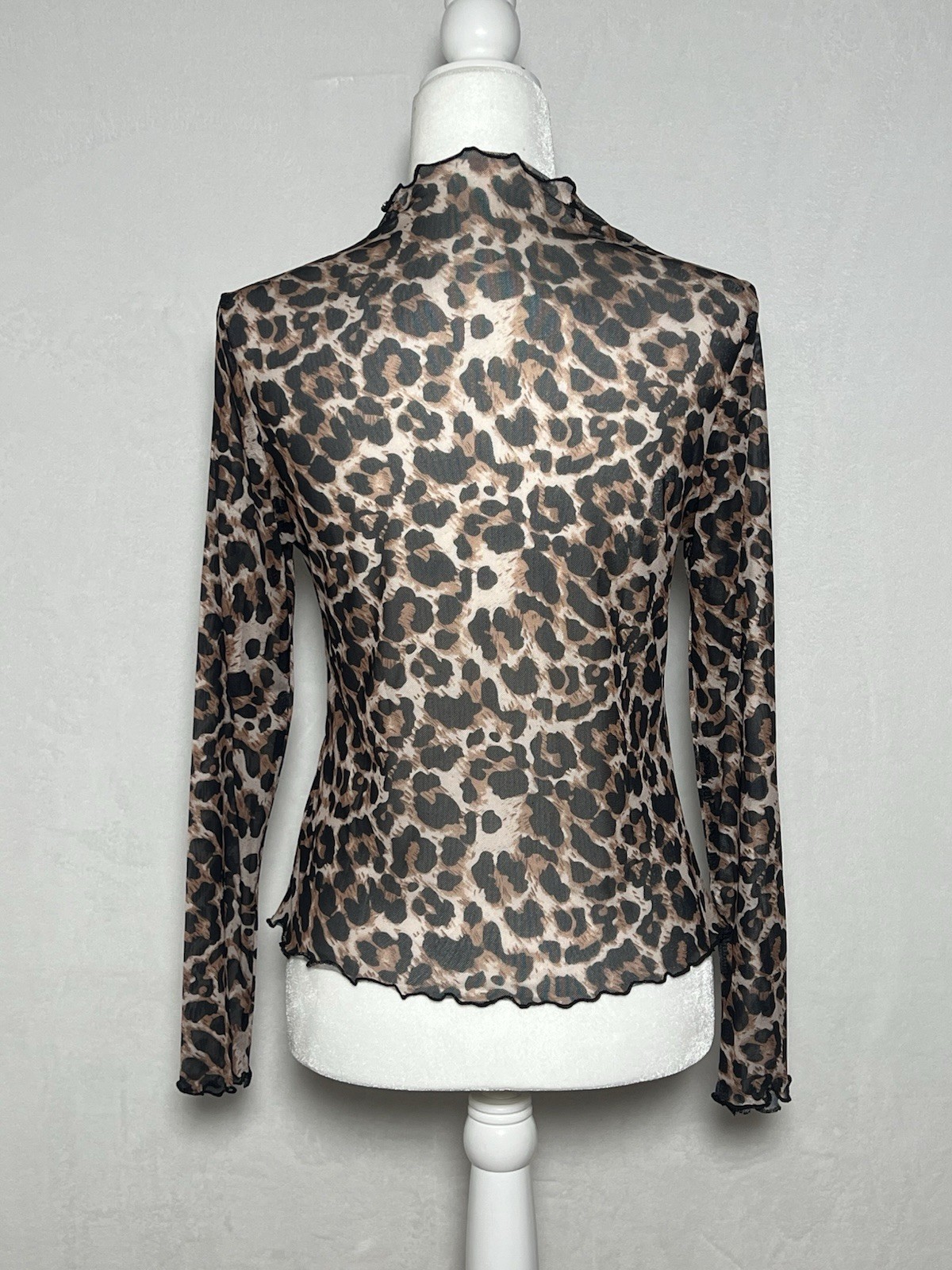 NWOT Semi Sheer Mesh Brown Black Leopard Print Long Sleeve Top – size S