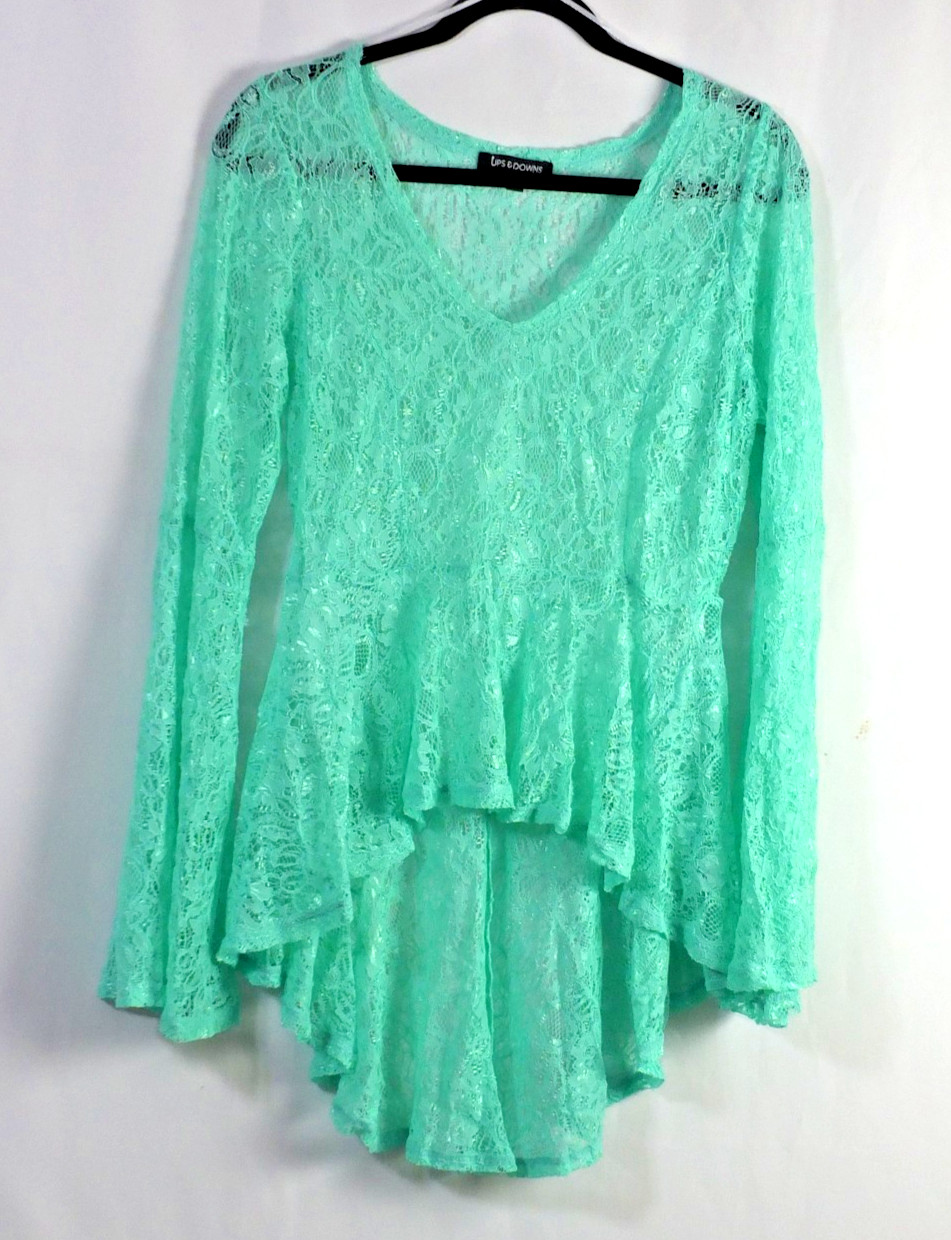 NEW UPS & DOWN Sea Green Size L Blouse Tunic Lace Hi- Low Hem Bell Sleeve