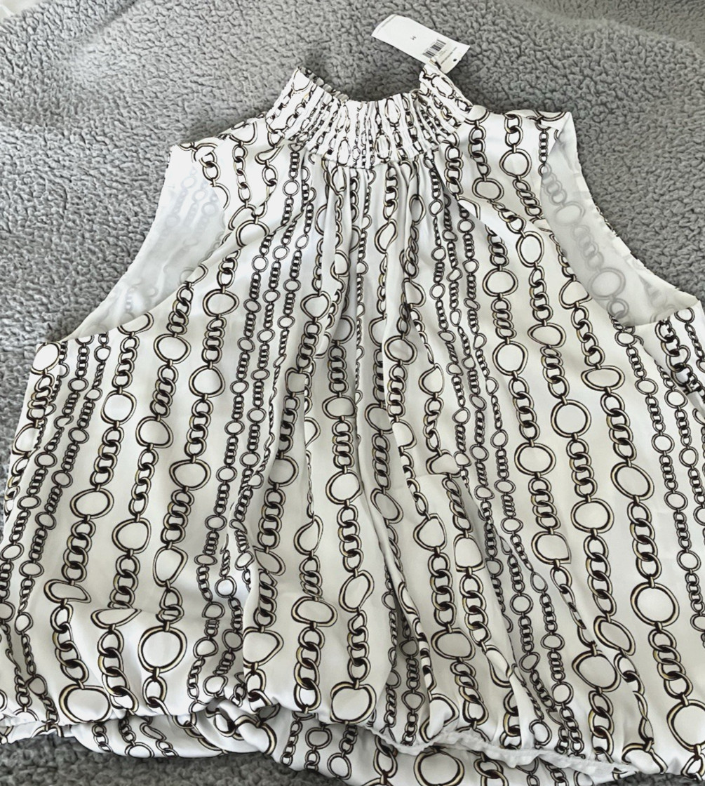 BANANA REPUBLIC Sleeveless High Neck Blouse Womens MEDIUM Chain Print White Gold