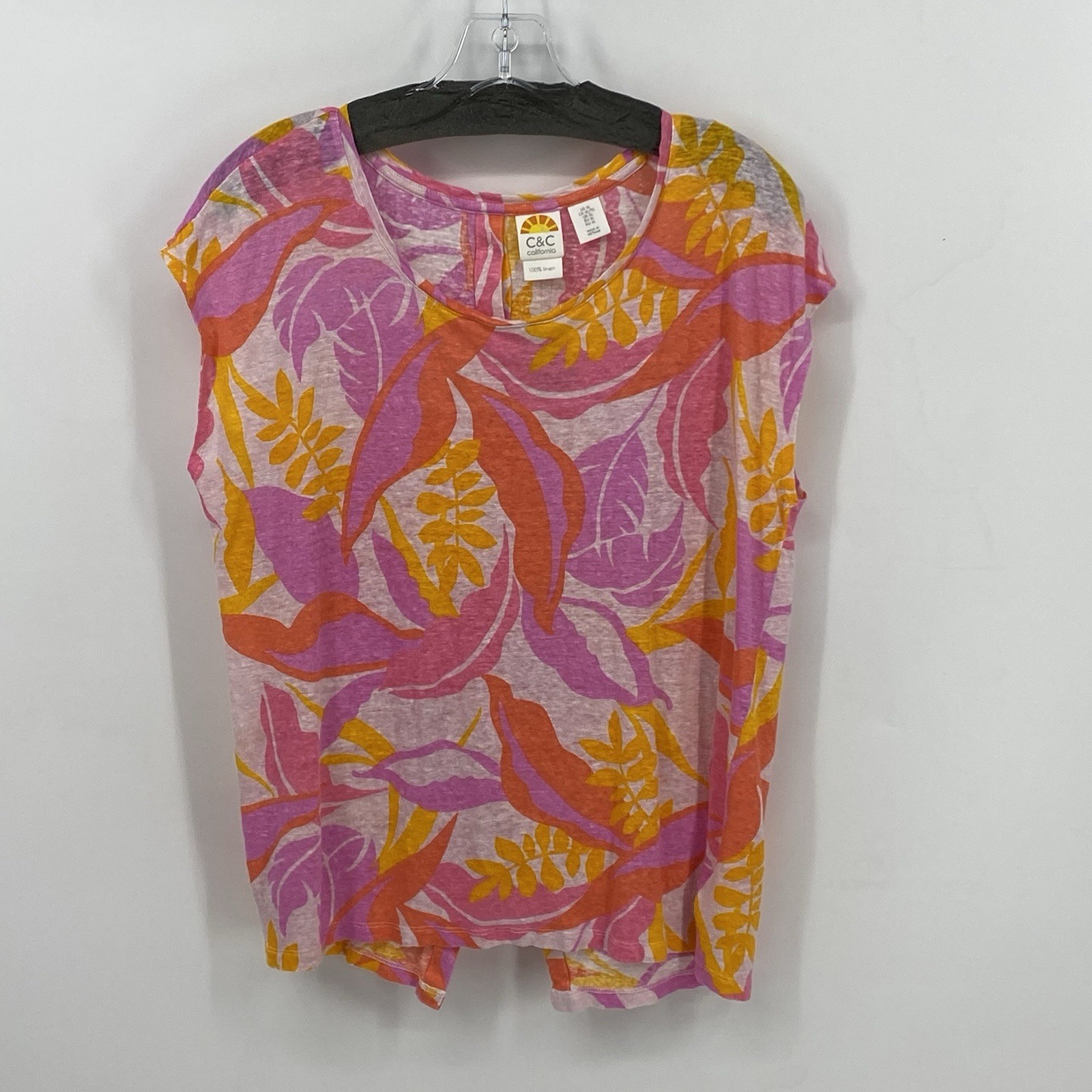 C&C California Floral Leaf Top XL Pink Purple Yellow Orange Linen Faux Buttons