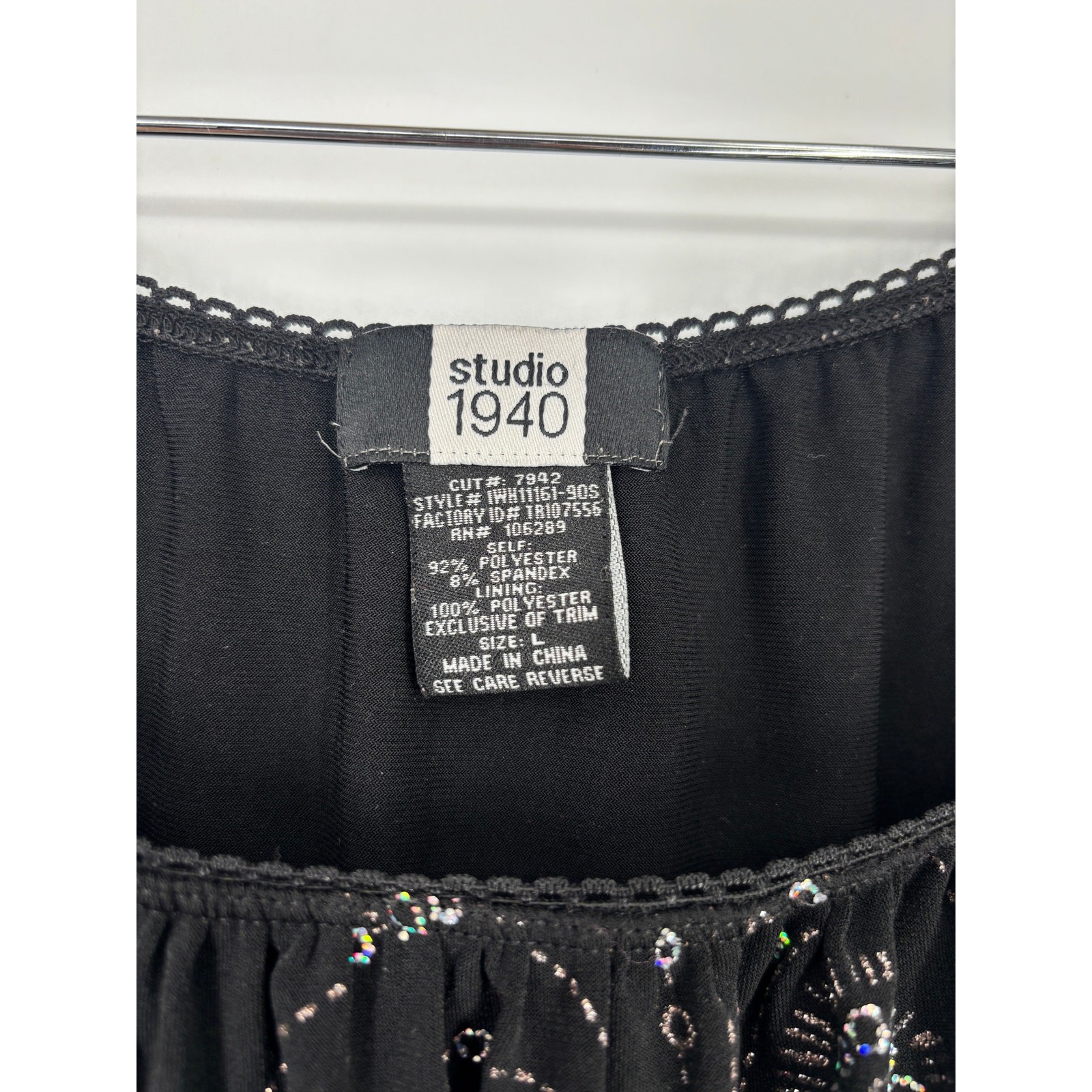 Studio 1940 Blouse Ruched Embellished Rhinestone Stretch Top Black Size Large