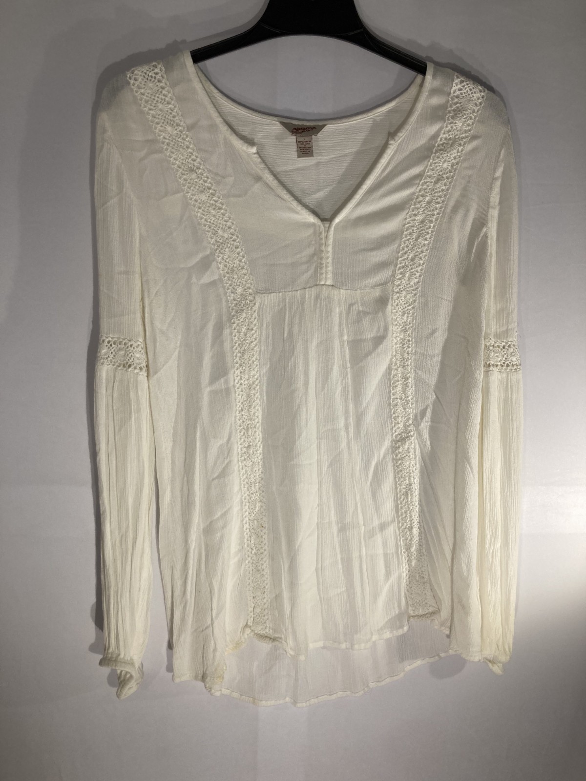 Original Arizona Jean Co Peasant Top Womens L White Crochet Lace Long Sleeve
