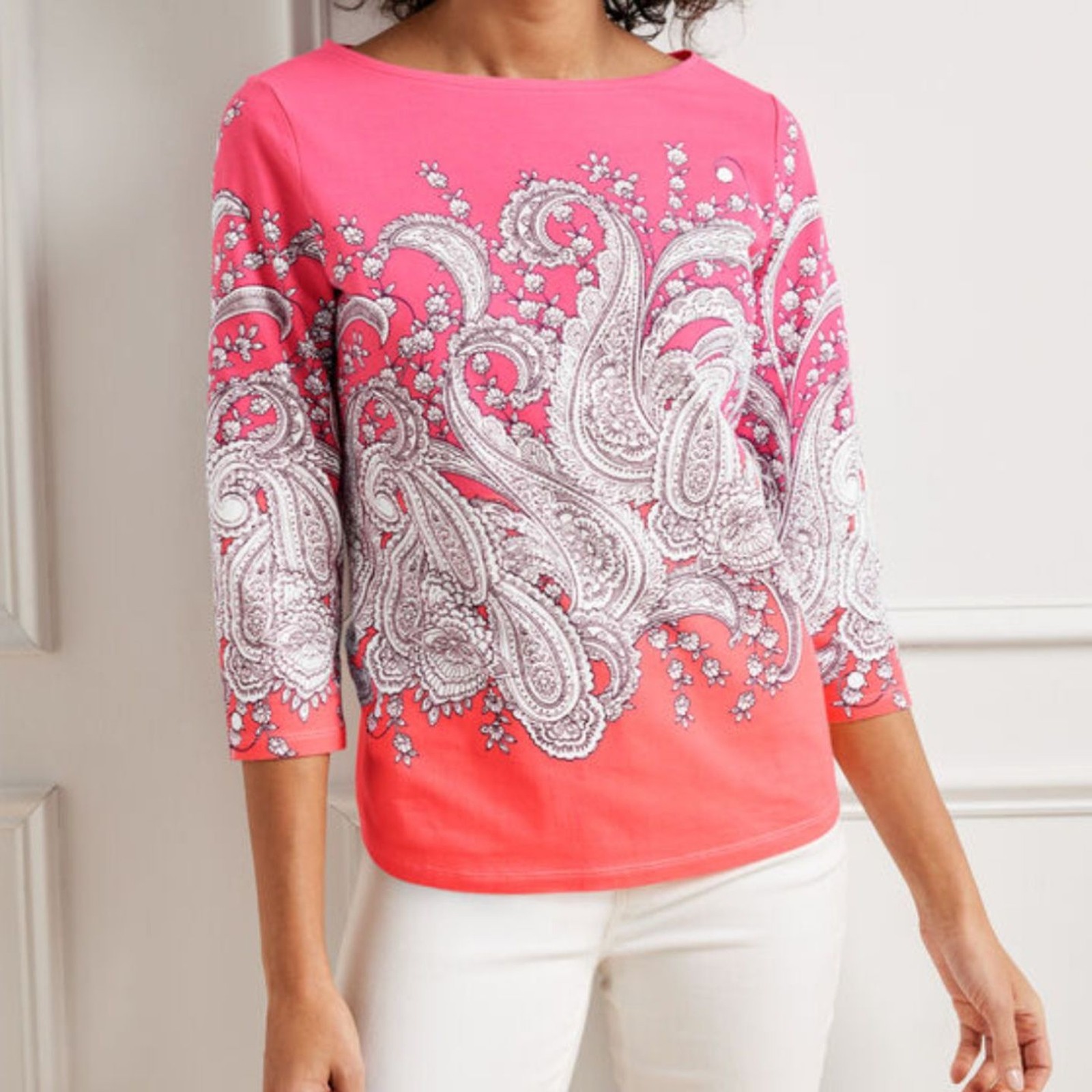 The Talbot Tee Bateau Neck Filigree Paisley Print 3/4 Sleeve Pink Sz Large