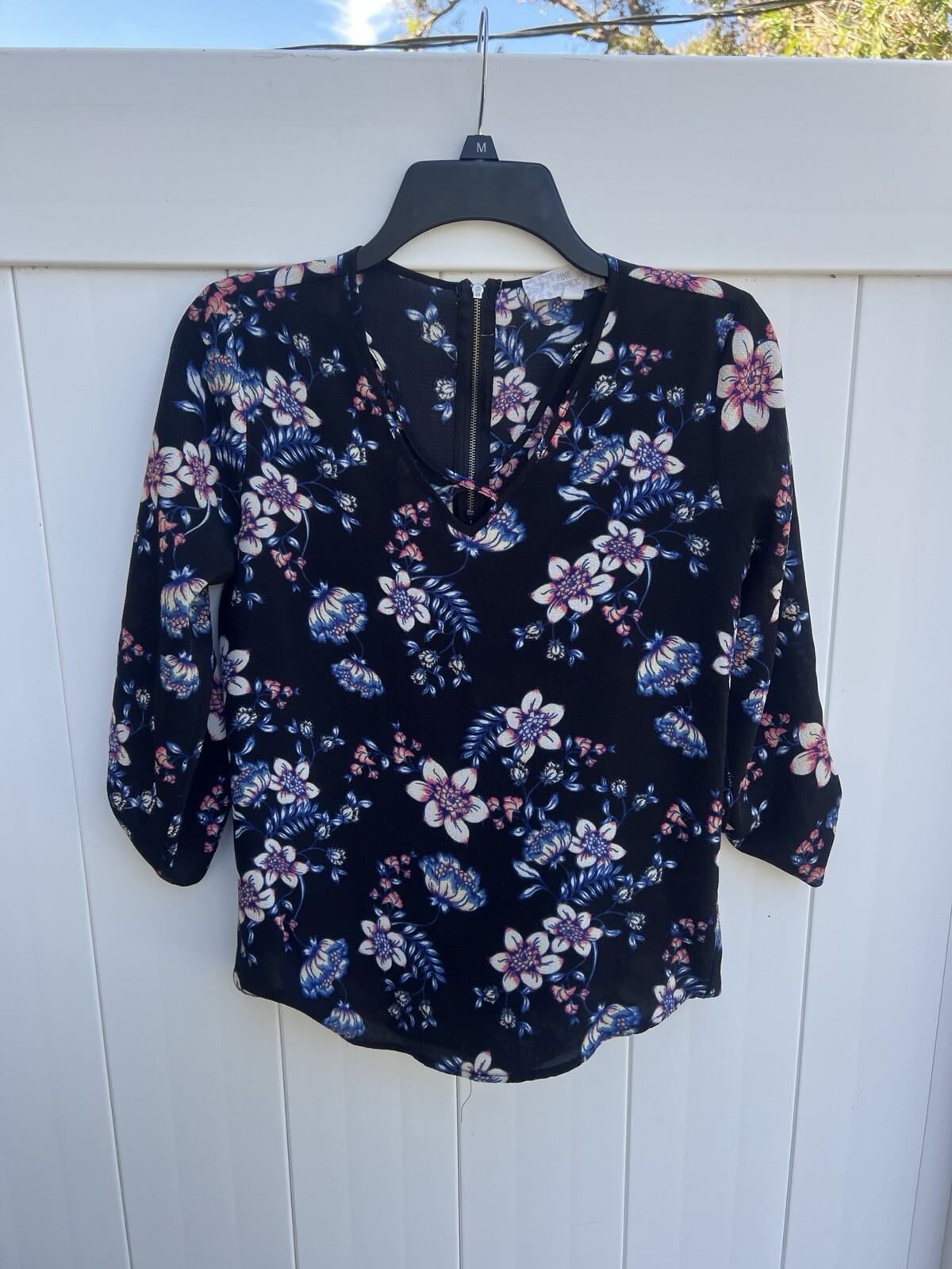 Pink Republic Womens Top Blouse Size XS 3/4 Sleeve Floral Colorful Back Zip