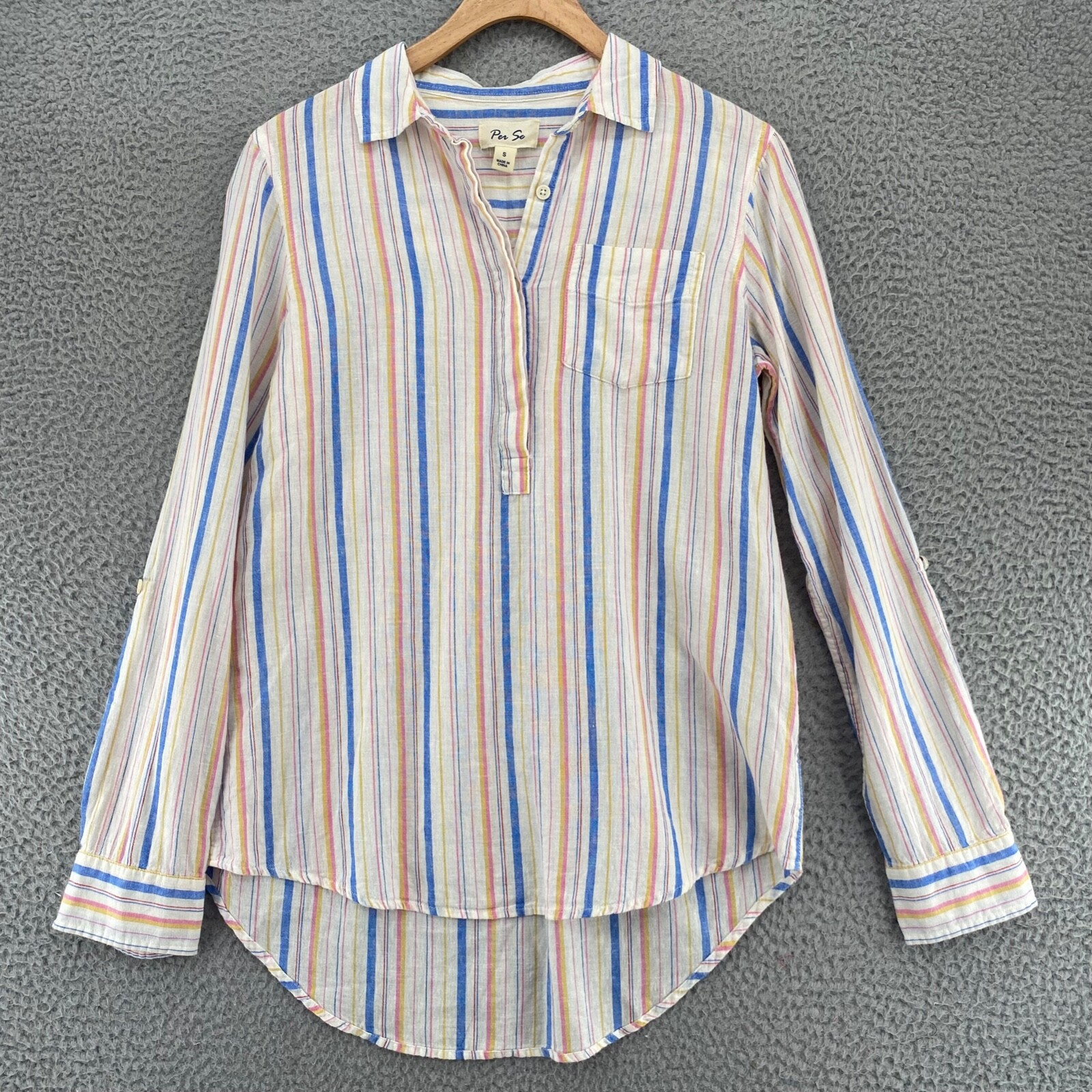 Per Se Shirt Womens Small White Multi Striped Linen Cotton Blend Roll Tab Sleeve