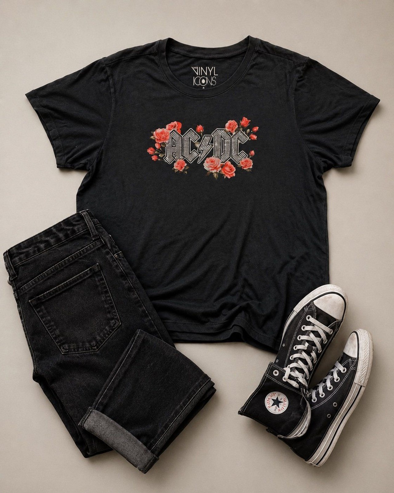 AC/DC Roses Graphic Band Tee Women’s Plus Size 3X Charcoal Gray Vinyl Icons