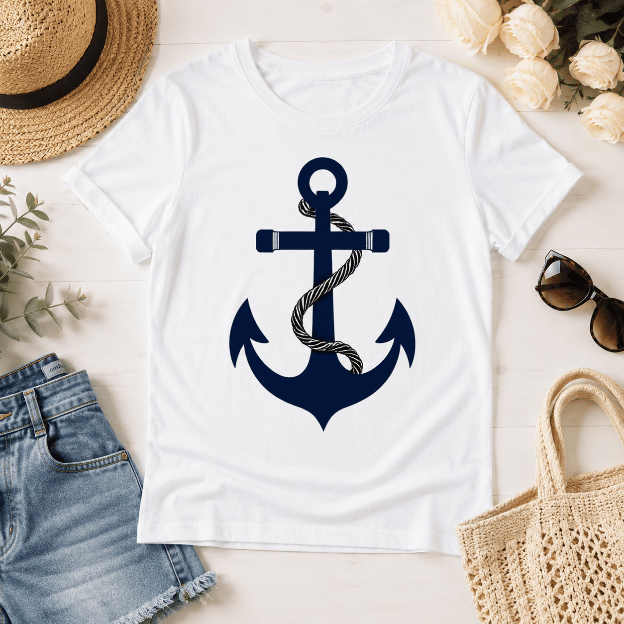 Women Nautical Anchor Graphic T-Shirt Casual Summer Crew Neck White Tee Top
