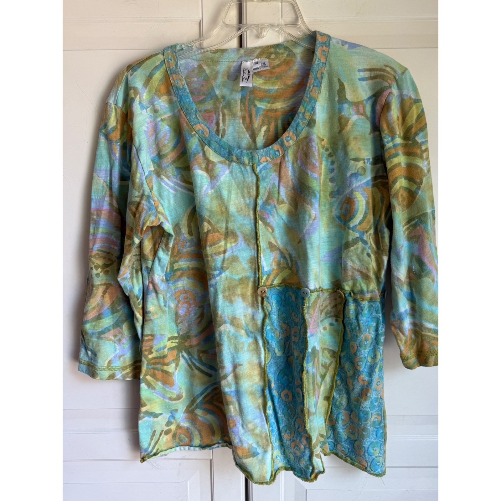 Winter Sun Womens Art to Wear Cotton Top 3/4 Sleeve Abstract Green Blue Medium