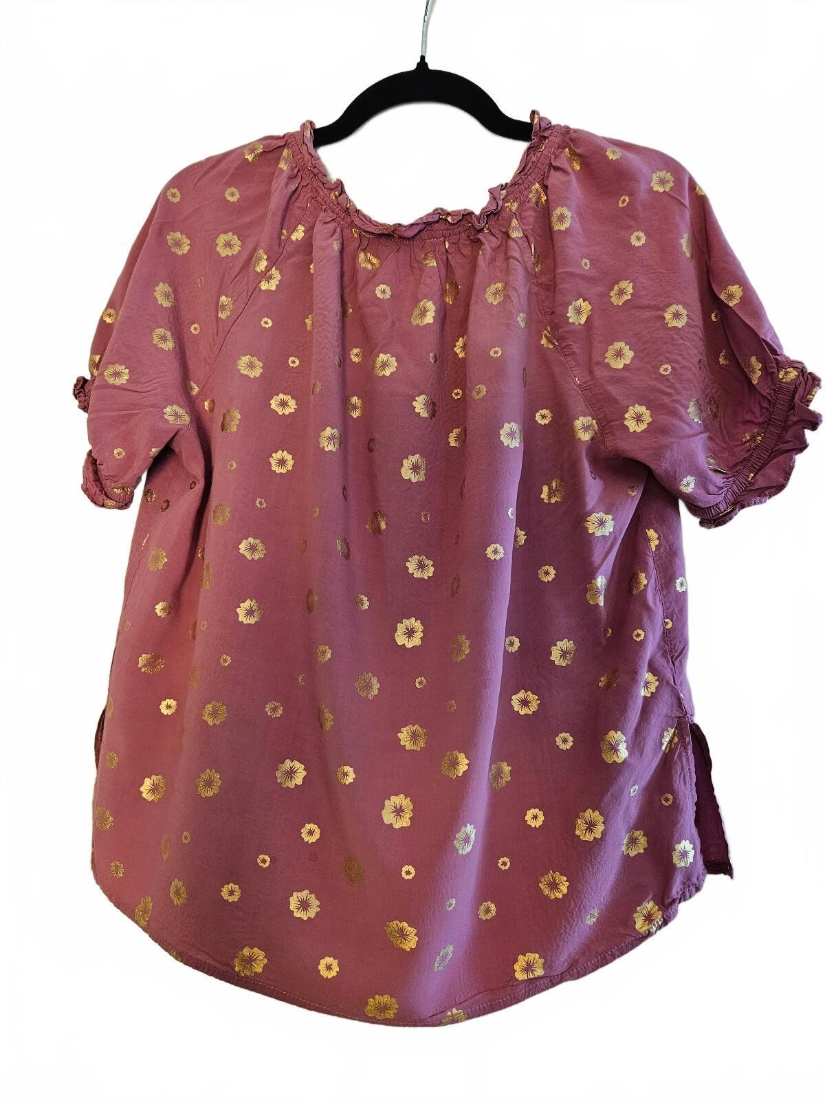 Solitaire Women’s Medium Mauve 100% Rayon Peasant Blouse with Gold Floral Print