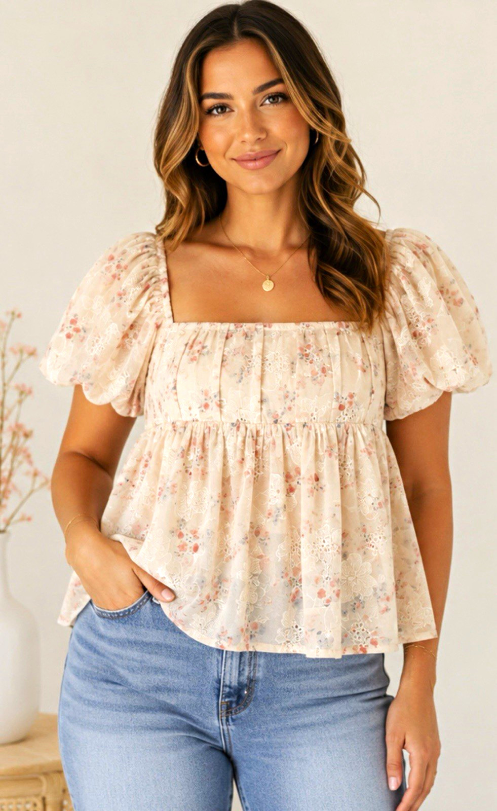 Altar’d State Ivory Pink Floral Smocked Square Neck Puff Sleeve Blouse M