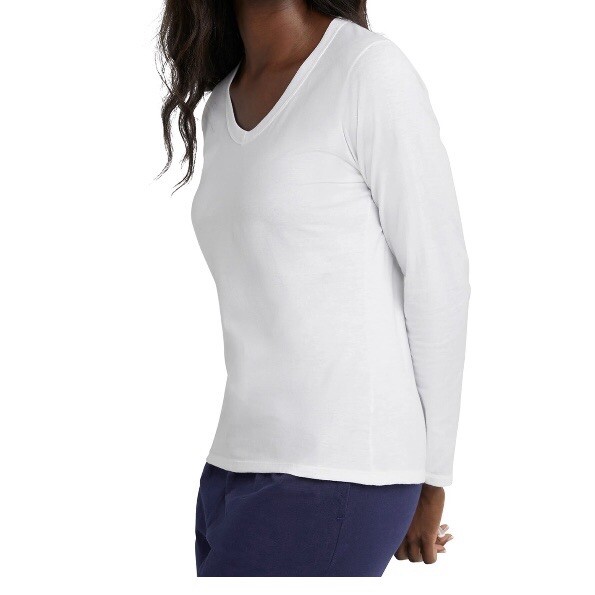 Hanes Womens Originals Cotton V-Neck Tee W/ Long Sleeves Size XS NWT White