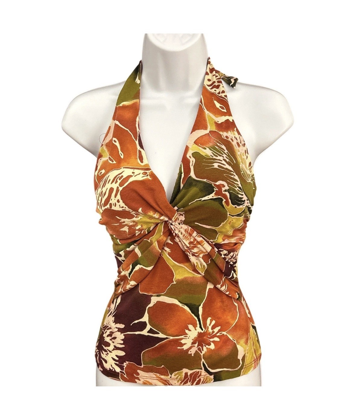 Vintage Cache Halter Top Y2K Tropical Boho Floral Twist Front Sleeveless Small