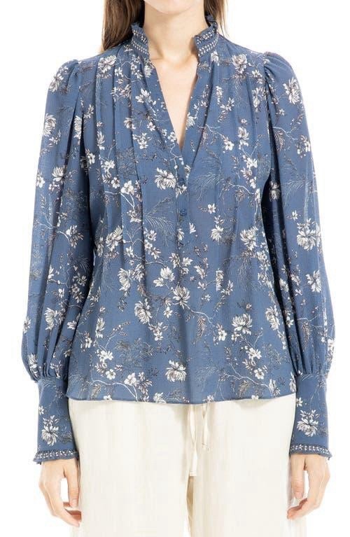 MAX STUDIO Blue & Cream Floral Gathered Sleeve Top or Blouse Sz S