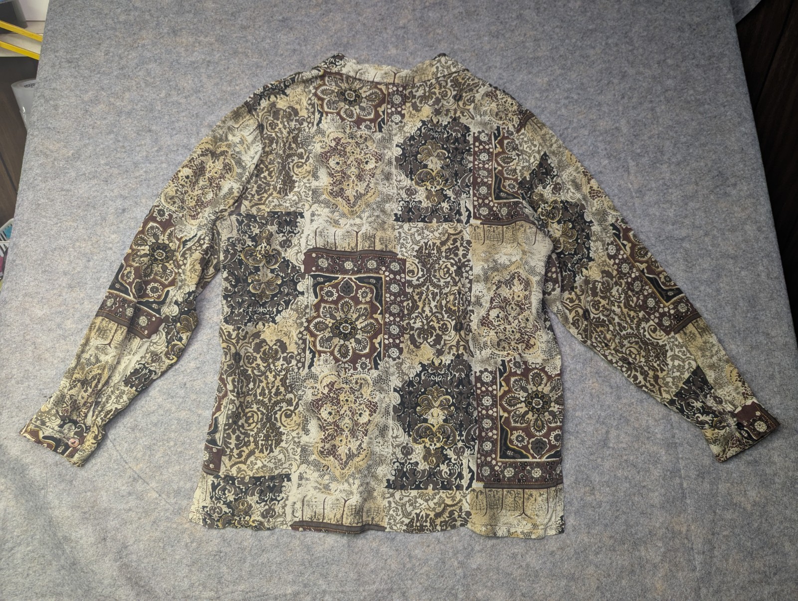 Vintage Quo Silk Large Button Down Brown Tan Pattern Western