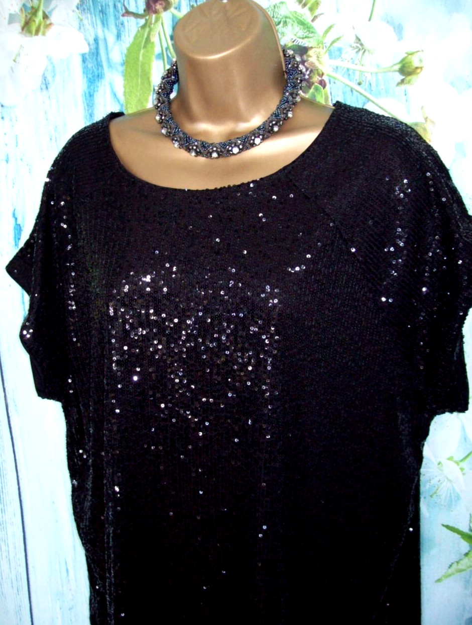 Next Black Sequin Stretch Top Size 18 Petite Party Evening Cruise Occasion
