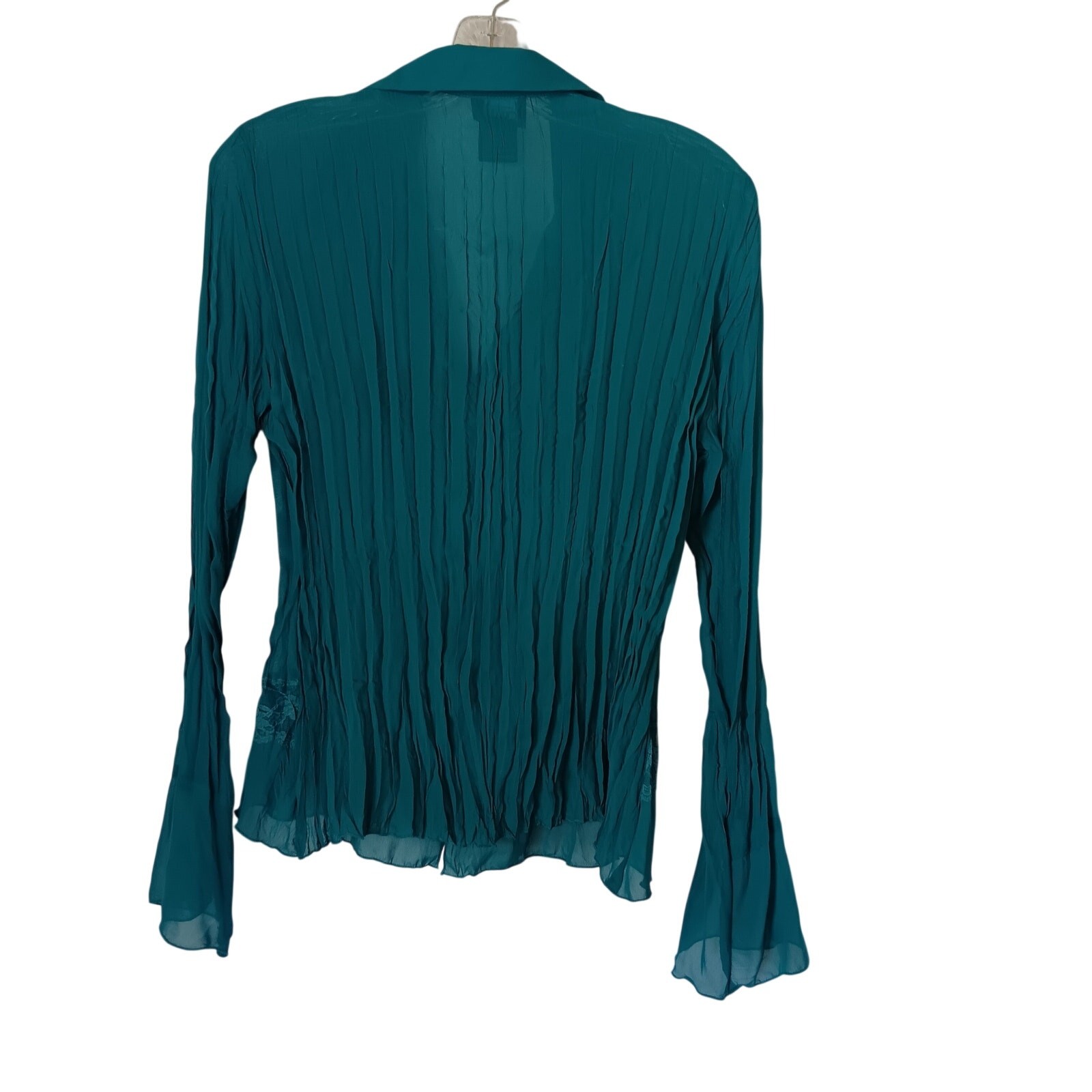 VTG Y2K NY Collection Sz S Teal Sheer Crinkle Fabric Ruffle & Lace Front Collar