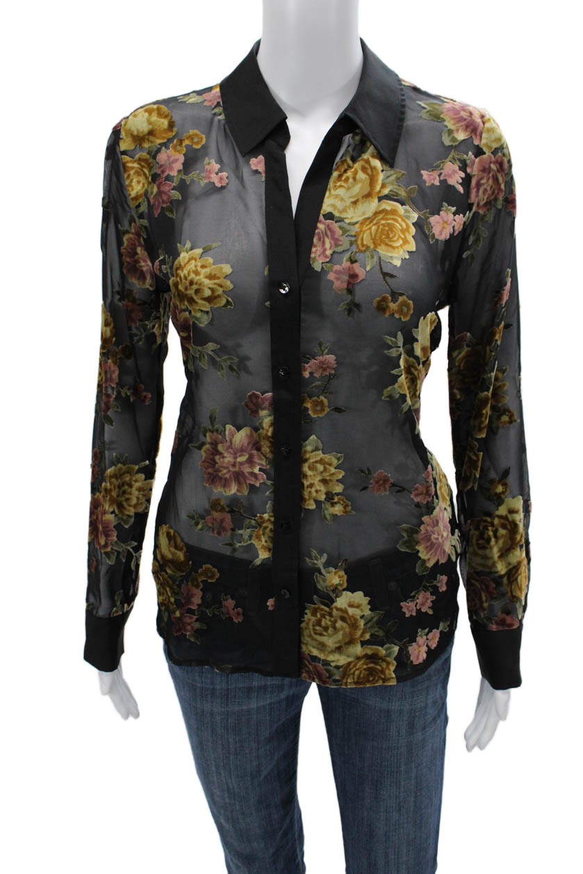 L Agence Women Black Floral Collared Button Up Long Sleeve Blouse Size XS Tall