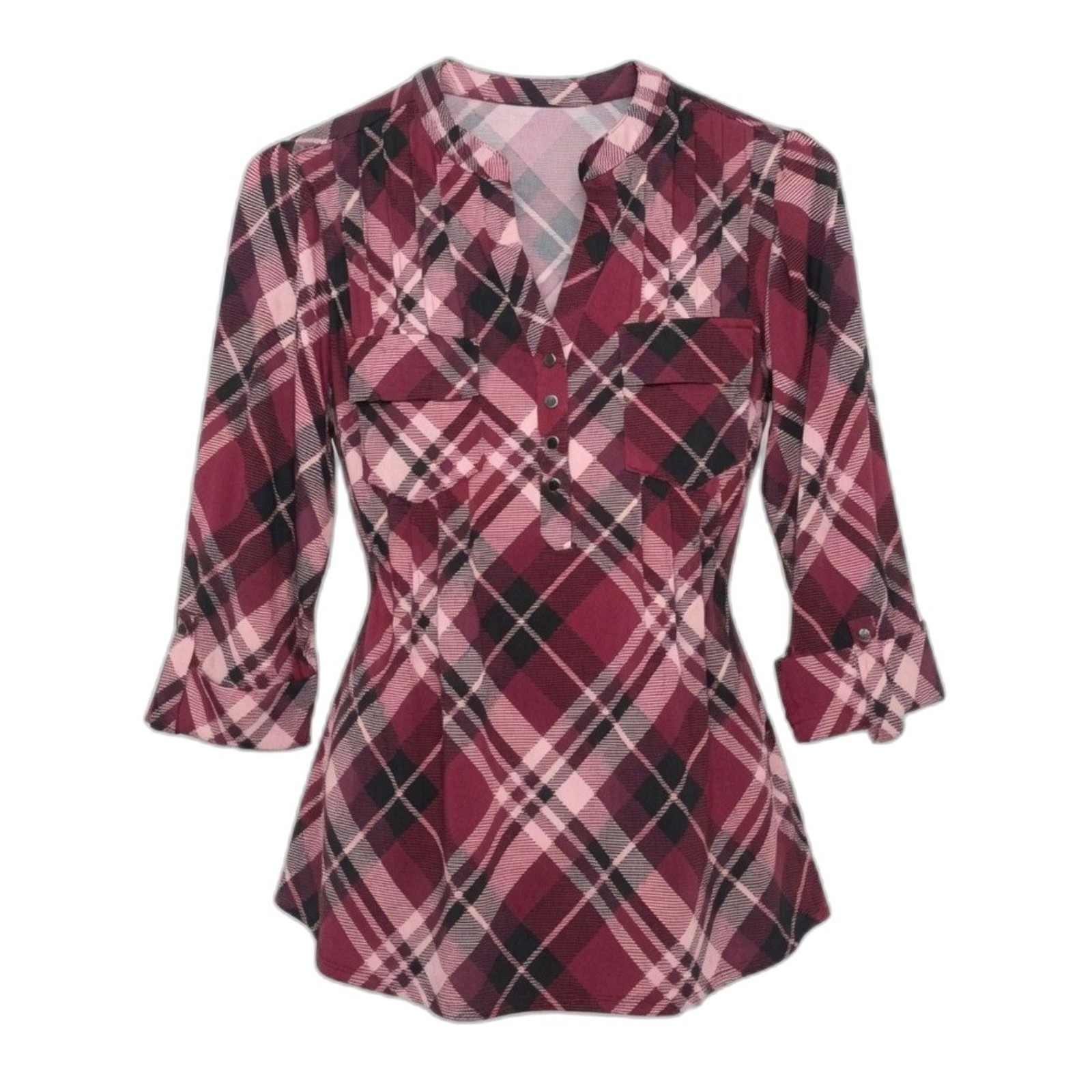 Cocomo Women’s Plus Size 1X Maroon Geo Print Pintuck 3/4 Sleeve Top