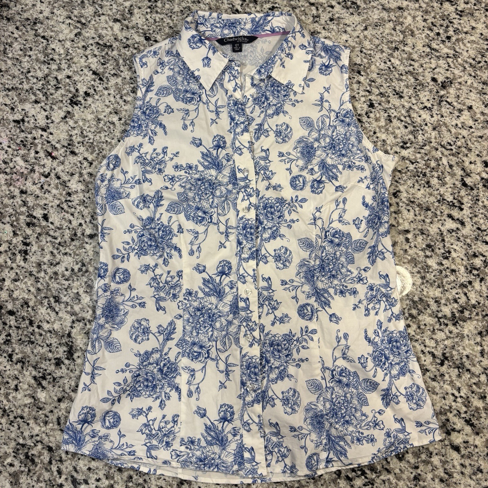 Chadwicks Women’s Sleeveless Blouse 12 Tall Blue Floral Button Coastal Grandma