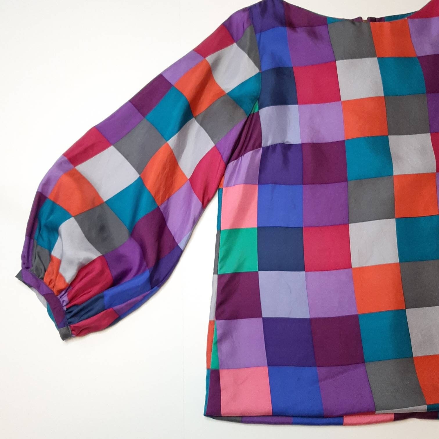 Britt Ryan Purple Checkered Balloon Sleeve Silky Blouse Exposed Zip Colorful 8