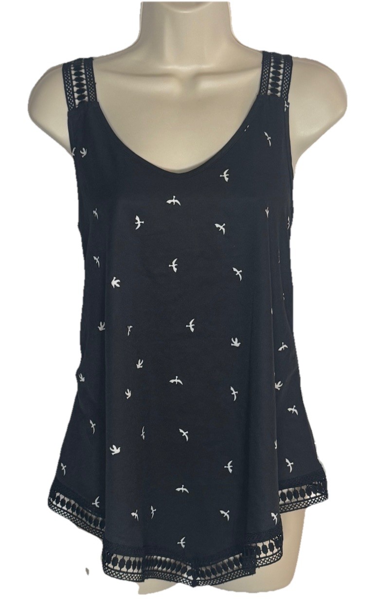 Emery Rose Black Bird Print Sleeveless Tank Top Crochet Trim Size M