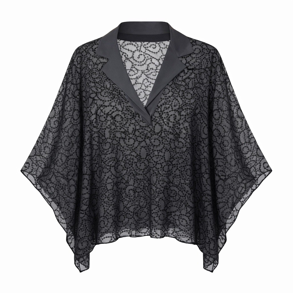 Whimsy Goth Silk Sheer Batwing Tunic Top Women Size M Black Embroidered Poncho