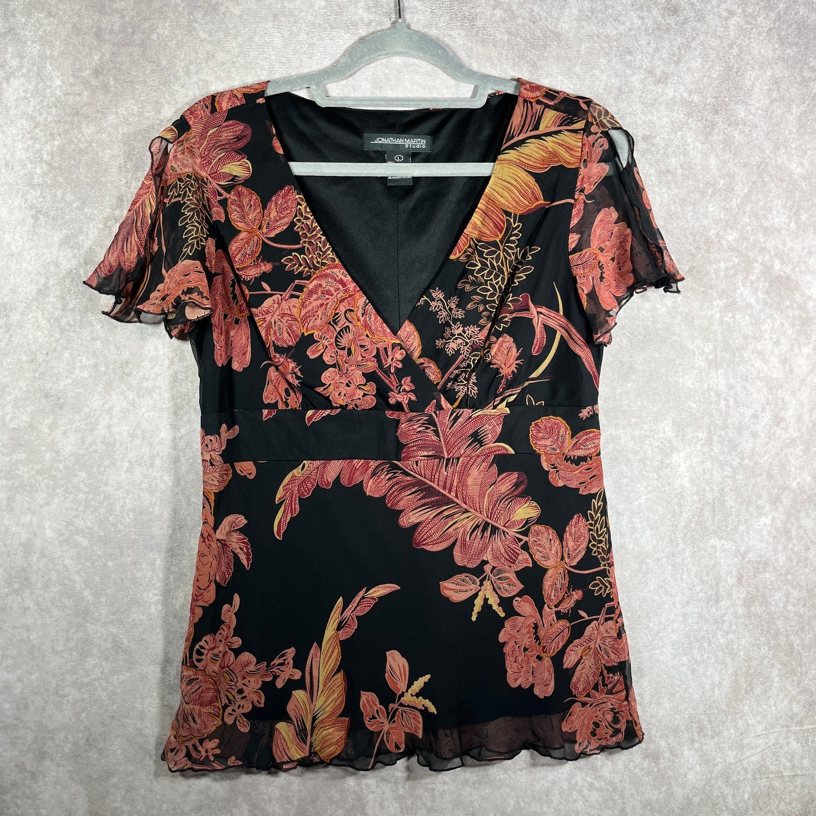 Jonathan Martin Studio Blouse Womens Large Black Floral Silk Babydoll Fairy Y2K
