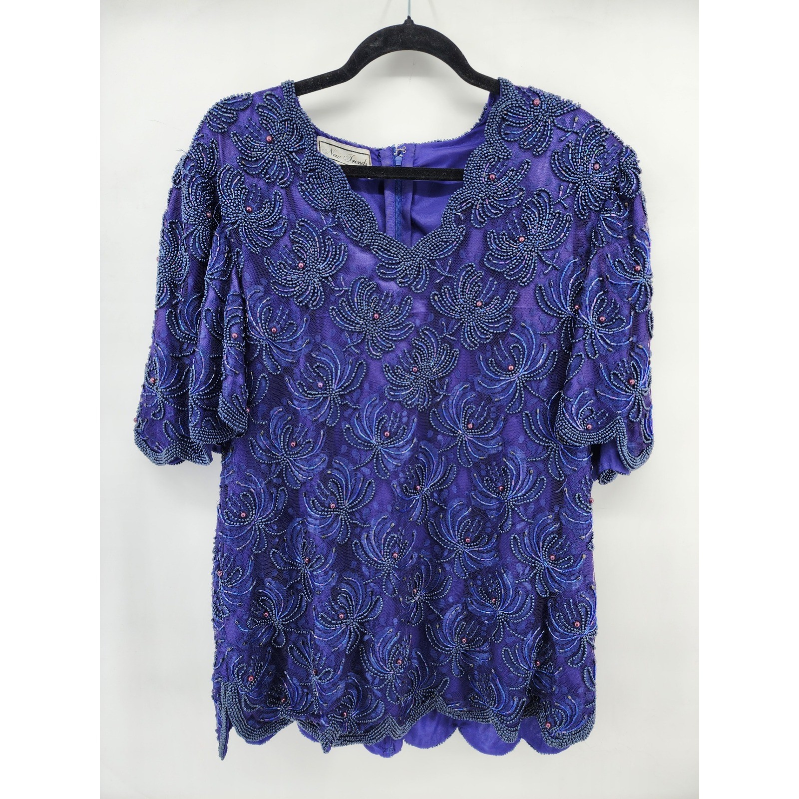 New Trends Purple Beaded Sequin Scalloped Evening Blouse XL