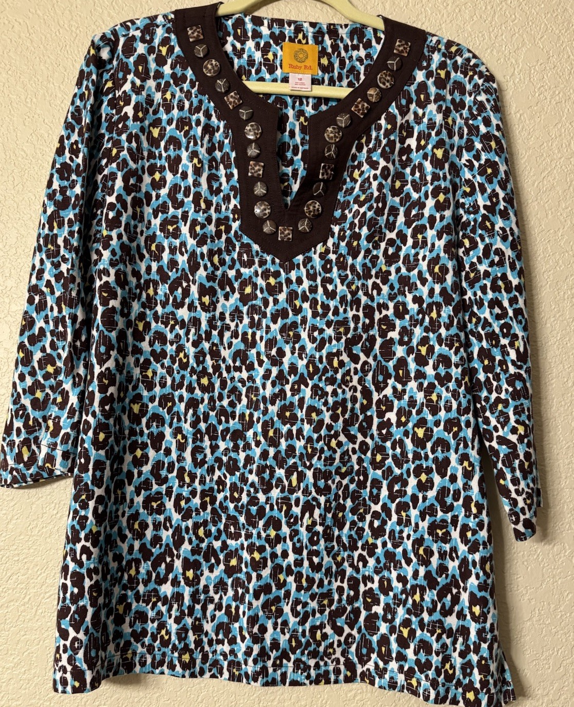 Ruby Rd Linen Blend Animal Print Embellished Tunic Top Women’s Size 12 Blue