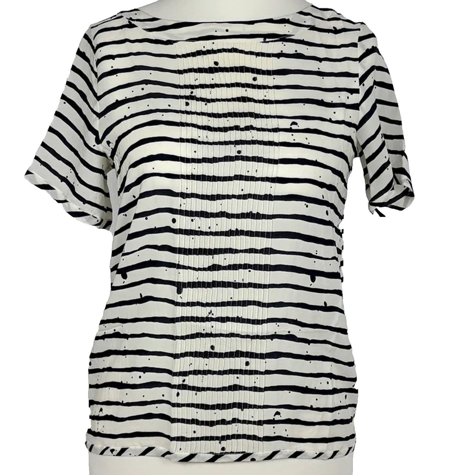 Ladies 100% Silk Striped Blouse UK 10 Navy Cream Short Sleeve Tie Back Blouse