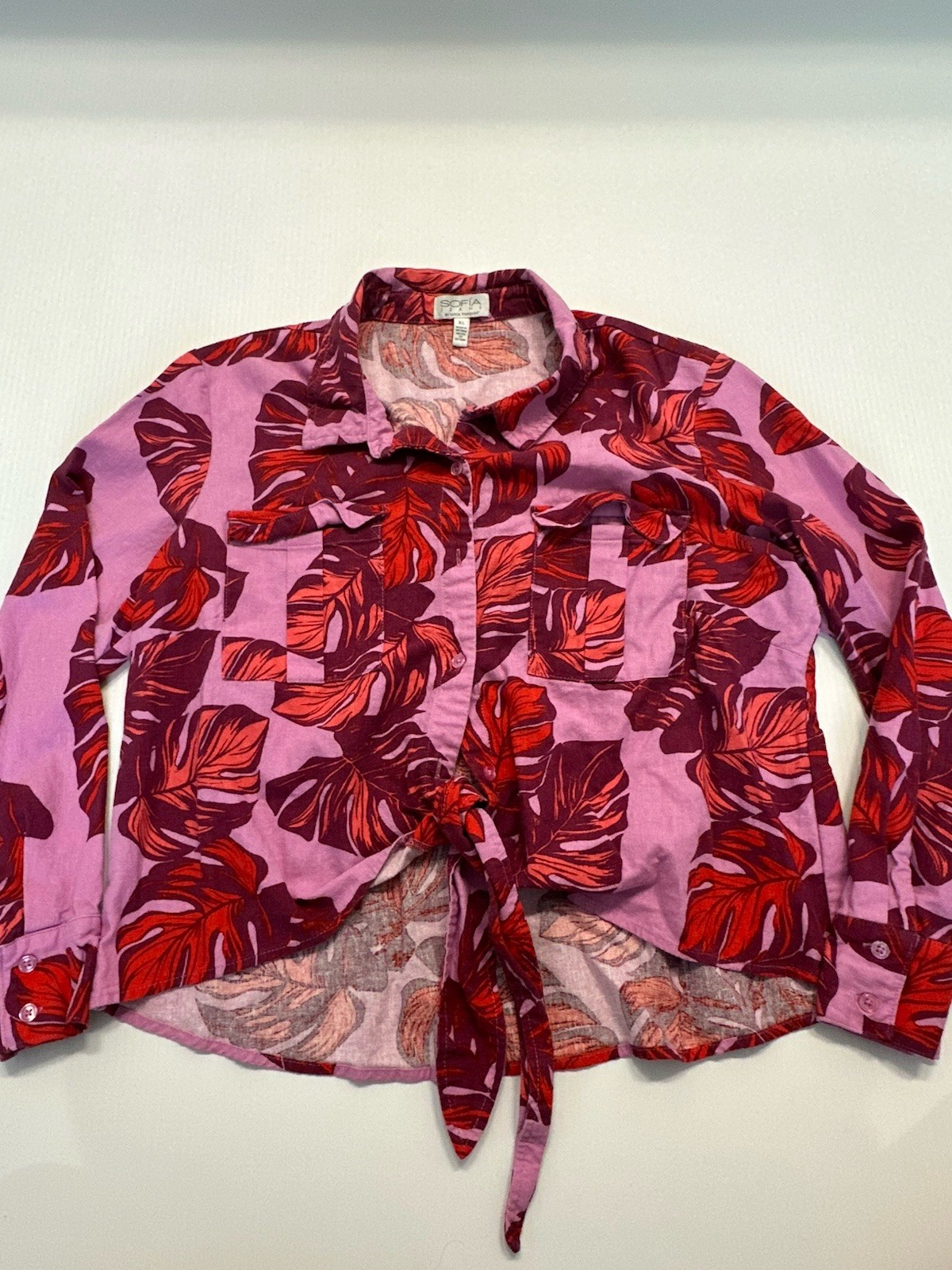 Tropical Pink Sofia Vergara Button Up Long Sleeve Linen Blouse Women Sz XL