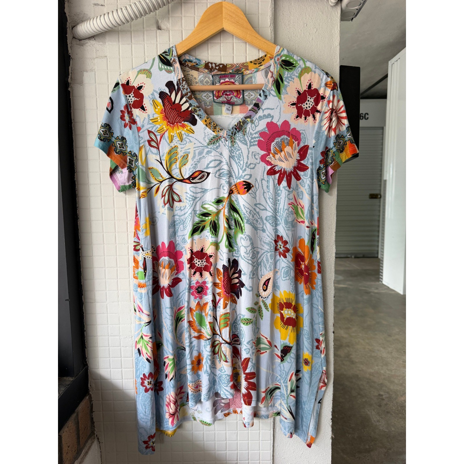 Johnny Was Rainbow Floral Drape Tunic Bamboo Blend V-Neck Top Size S