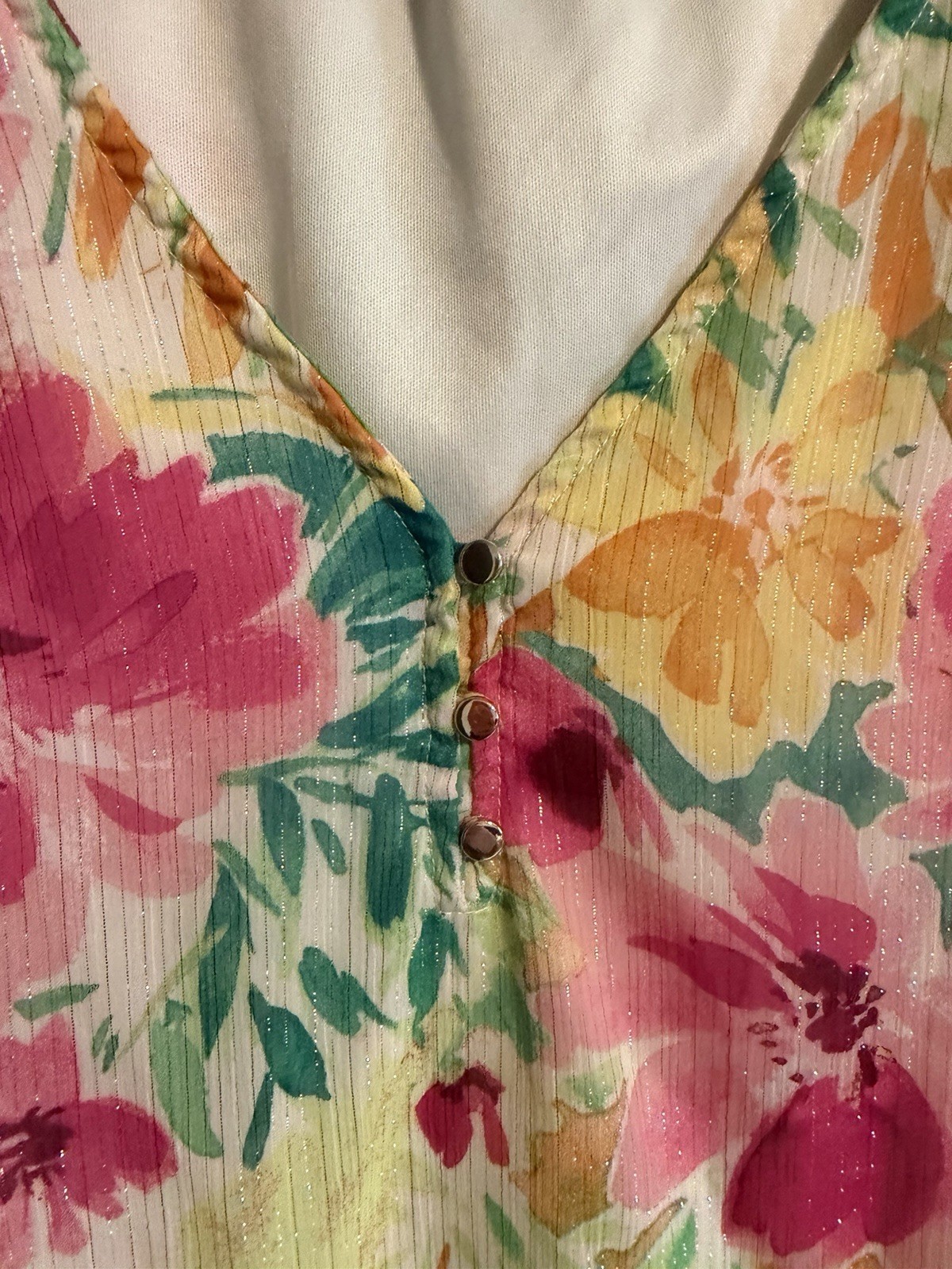 Sara Michelle Pink Floral Blouse 3/4 Sleeve Gold Metallic Accent Petite Size PL
