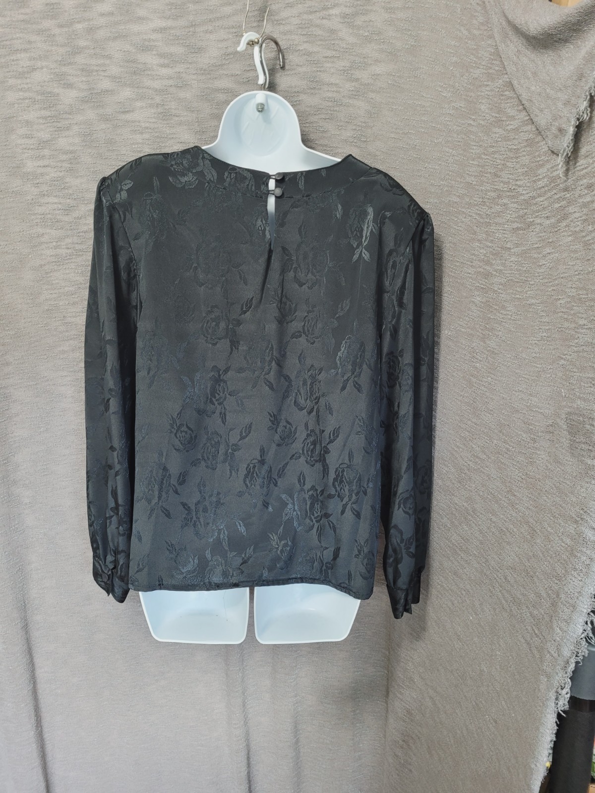 Vintage 80s Black Sateen Blouse 16 Elegant Mob Wife Rose Textured Big Shoulder